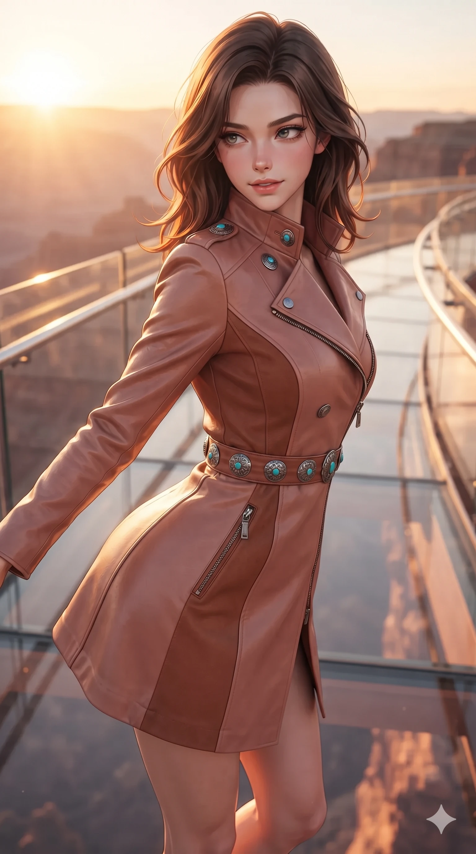 score_9, masterpiece, best quality, ultra-detailed, high-budget anime keyframe, editorial fashion photography, tasteful artistic composition, Korean woman. close-up cowboy shot from the waist and thighs up, the character dominates the composition, filling the frame with her large presence. leaning forward while arching her lower back to accentuate her curvy hips, looking into the camera with an intoxicating smoldering gaze and bedroom-eyes while walking slowly along the suspended glass skywalk, looking back over her shoulder with an air of effortless grace and an alluring, smoldering smile as the thousand-foot canyon drop opens beneath her transparent feet. The background shows a soft-focus high-altitude canyon chasm softened in glass skywalk promenade shallow focus. She has an exceptionally elegant, slender, and willowy female figure with an ultra-slim waist, flat toned midriff, narrow ribcage, and sculpted feminine hips creating an alluring, slim hourglass silhouette without bulk. sharp v-shaped jawline, high-bridge nose, sparkling eyes with hypnotic seductive depth, thick curled eyelashes, glossy parted lips with a natural dewy peach sheen, alluring bedroom-eyes with an enchanting coquettish smile, exuding magnetic siren charisma and sophisticated glamour, flawlessly proportioned anatomical accuracy, strict slender model proportions, natural body alignment, perfectly sculpted long slender limbs, ultra-slim waistline, clean dynamic posture without body distortion. wearing a structured double-breasted desert moto-coat dress with asymmetrical zipper and stand collar in sun-kissed terracotta and dusty canyon rose, crafted from rugged heavy-duty canvas and oiled leather with authentic desert durability, accented with authentic engraved silver concho medallions and turquoise cabochons, the impeccably tailored cut draping gracefully along her slender figure with aristocratic western poise. bathed in the blinding, warm 2200K golden-hour rays of the setting sun casting brilliant specular highlights along her silhouette. ultra-reflective glossy finish, specular highlights, rich textural contrasts, high-contrast stereoscopic depth, volumetric dynamic lighting, 2k, ultra detail, master piece, 9:16 ratio