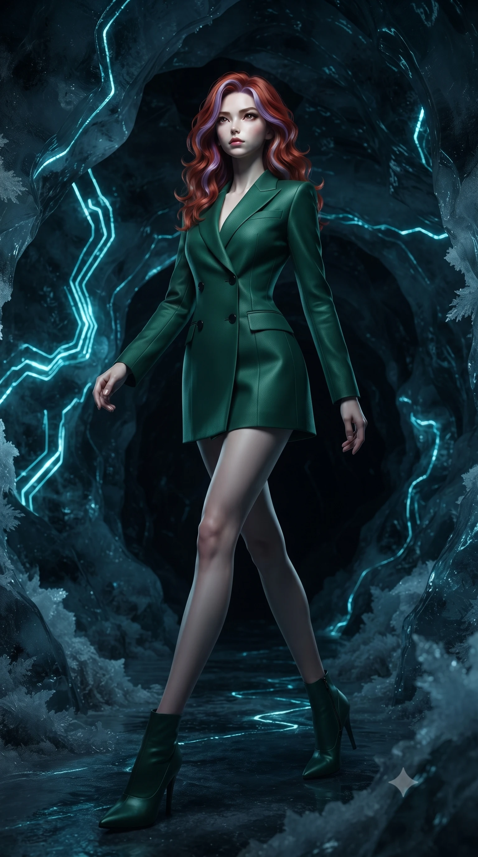 score_9, masterpiece, best quality, ultra-detailed, high-budget anime keyframe, editorial fashion photography, tasteful artistic composition, Caucasian woman. low angle full-body shot from head to toe showing her feet, filling the entire 9:16 vertical frame with her statuesque presence, stretching her vertical silhouette. stepping gracefully through the dark environment, stretching her statuesque silhouette, navigating a frozen dark ice cavern with glowing cyan circuit lines, crystallized shadow frost framing her slender vertical silhouette. She has an absolutely perfect, statuesque 8.5-heads proportion, an exceptionally tall and slender model-like female figure with impossibly long slender legs and an ultra-slim waist. sharp v-shaped jawline, high-bridge nose, intricate jewel-like eyes with depth, thick eyelashes, glossy lips with a natural sheen. wearing tailored double-breasted obsidian blazer dress in deep emerald green, made of matte carbon-fiber weave, adorned with minimalist black onyx hardware framing the silhouette, contouring every curve with an exceptionally elegant silhouette. illuminated by pulsing cyan electric circuit light piercing black glacier ice. ultra-reflective glossy finish, specular highlights, metallic sheen, high-contrast stereoscopic depth, volumetric dynamic lighting, 2k, ultra detail, master piece, 9:16 ratio