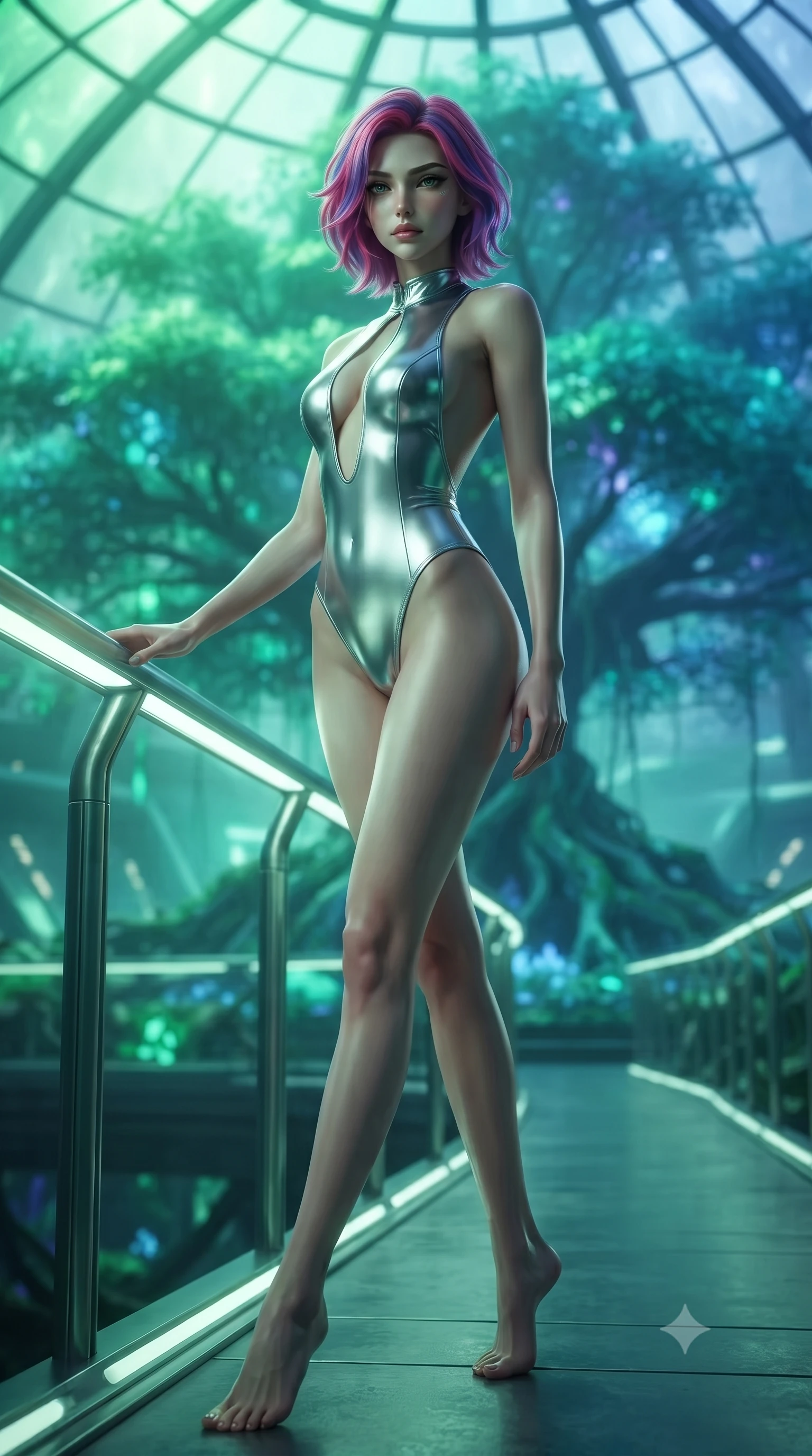 score_9, masterpiece, best quality, ultra-detailed, high-budget anime keyframe, editorial fashion photography, tasteful artistic composition, Caucasian woman. low angle full-body shot from head to toe showing her feet, filling the entire 9:16 vertical frame with her statuesque presence, stretching her vertical silhouette. standing in a tall, confident posture with one hand on a glowing metal railing, stretching her statuesque body, the background shows a soft-focus a banyan tree sanctuary with vibrant green and indigo leaves in a space dome. She has an absolutely perfect, statuesque 8.5-heads proportion, an exceptionally tall and slender model-like female figure with impossibly long slender legs and an ultra-slim waist. sharp v-shaped jawline, high-bridge nose, intricate jewel-like eyes with depth, thick eyelashes, glossy lips with a natural sheen. wearing a tailored backless combat bodysuit in metallic silver, featuring a plunging keyhole cutout and low-cut back. vibrant green and indigo bioluminescent plant lighting casting a serene wash. ultra-reflective glossy finish, specular highlights, metallic sheen, high-contrast stereoscopic depth, volumetric dynamic lighting, 2k, ultra detail, master piece, 9:16 ratio