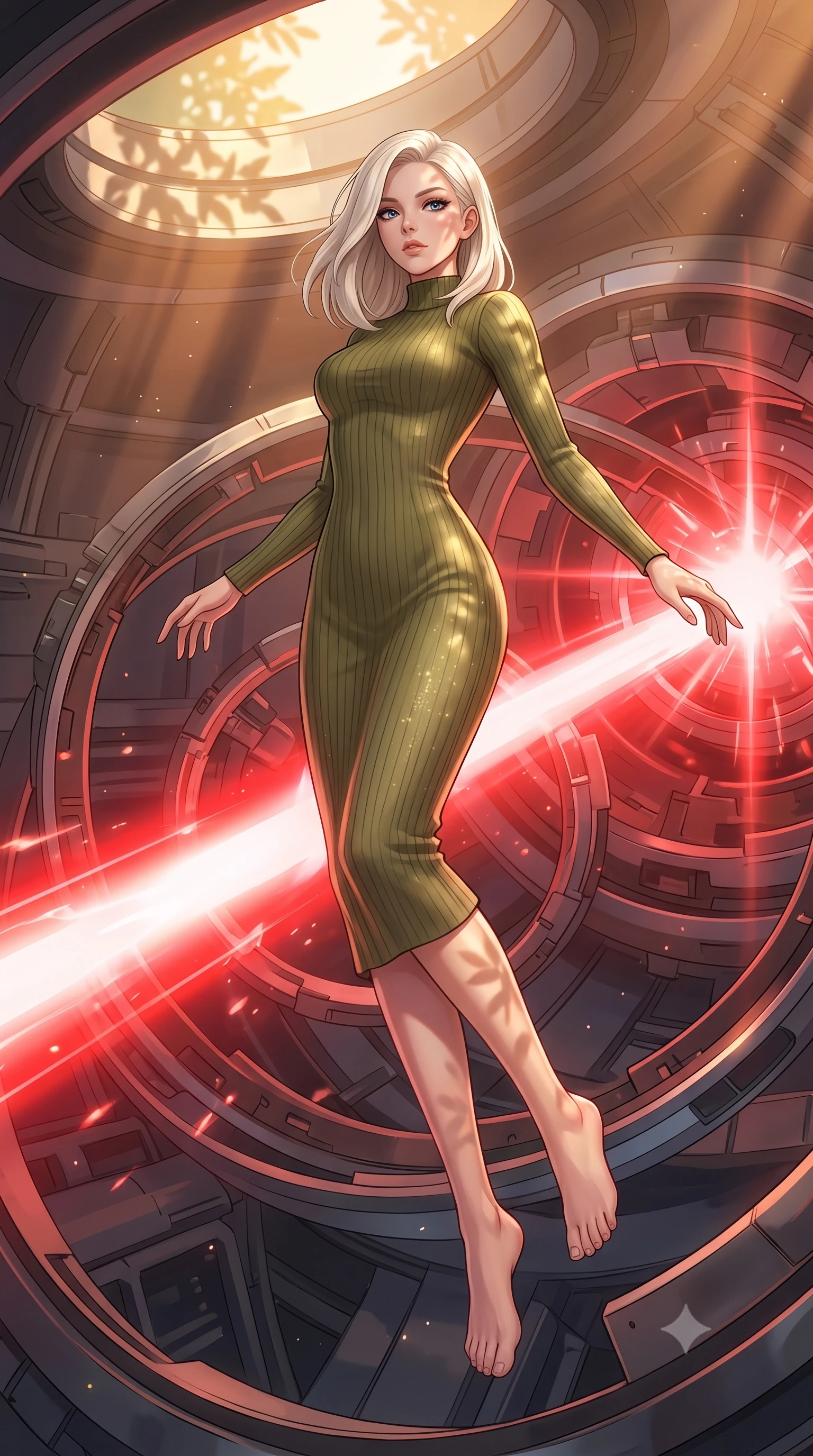 score_9, masterpiece, best quality, ultra-detailed, high-budget anime keyframe, editorial fashion photography, tasteful artistic composition, Caucasian woman, strictly human ears. low angle full-body shot from head to toe showing her feet, filling the entire 9:16 vertical frame with her statuesque presence, stretching her vertical silhouette. spinning mid-air in zero gravity to shoot in multiple directions, her silhouette stretched within inside a super-weapon chamber, a massive red laser beam gathering energy in the center of rotating metal rings. She has a statuesque 8.5-heads proportion, an exceptionally tall, slender and willowy model-like build with impossibly long legs and a highly sculpted ultra-slim waist. sharp v-shaped jawline, high-bridge nose, intricate jewel-like eyes with depth, thick eyelashes, glossy lips with a natural sheen. wearing catching and diffusing the glowing particles, shimmering softly in response to the surrounding light, a tailored form-fitting olive green ribbed-knit midi dress with a high collar, contouring her willowy torso and narrow waist. highly saturated vibrant anime colors, intense vivid color palette, soft 3D volumetric shading, volumetric dynamic lighting, warm golden afternoon sunbeams casting soft organic leaf shadows across her skin. 2k, ultra detail, master piece, 9:16 ratio