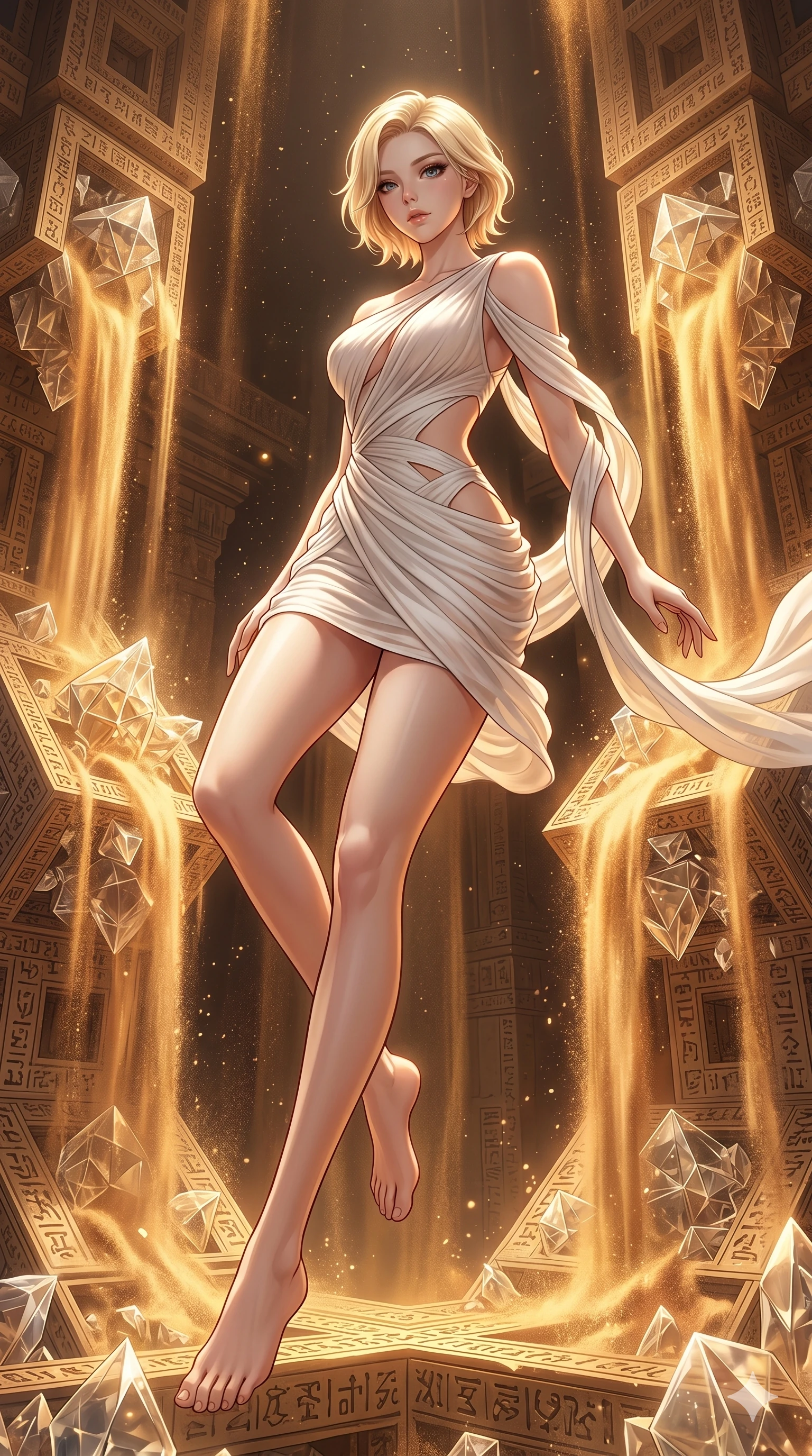 score_9, masterpiece, best quality, ultra-detailed, high-budget anime keyframe, Korean woman. low angle full-body shot filling the entire 9:16 frame with her statuesque presence, stretching the vertical silhouette. descending through a fractal quicksand temple where golden sand waterfalls transform into glass crystals, revealing intricate repeating patterns. She has an absolutely perfect 8-heads proportion, an exceptionally tall and slender female figure with impossibly long slender legs and an ultra-slim waist. V-shaped jawline, high-bridge nose, intricate jewel-like eyes with depth, thick eyelashes, glossy lips with a natural sheen.. wearing an asymmetric chiffon draped couture mini dress, featuring draped white chiffon fabric twisting around her body with elegant diamond cutouts on the waist. illuminated by dramatic chiaroscuro casting soft shadows along her curves, with vibrant backlighting highlighting the dust particles. 2k, ultra detail, master piece, 9:16 ratio