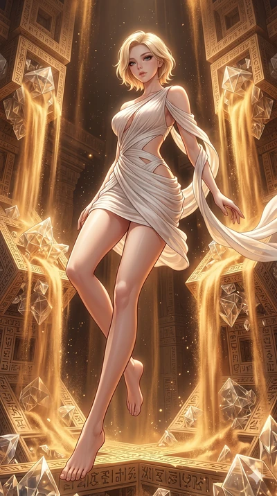 score_9, masterpiece, best quality, ultra-detailed, high-budget anime keyframe, Korean woman. low angle full-body shot filling the entire 9:16 frame with her statuesque presence, stretching the vertical silhouette. descending through a fractal quicks