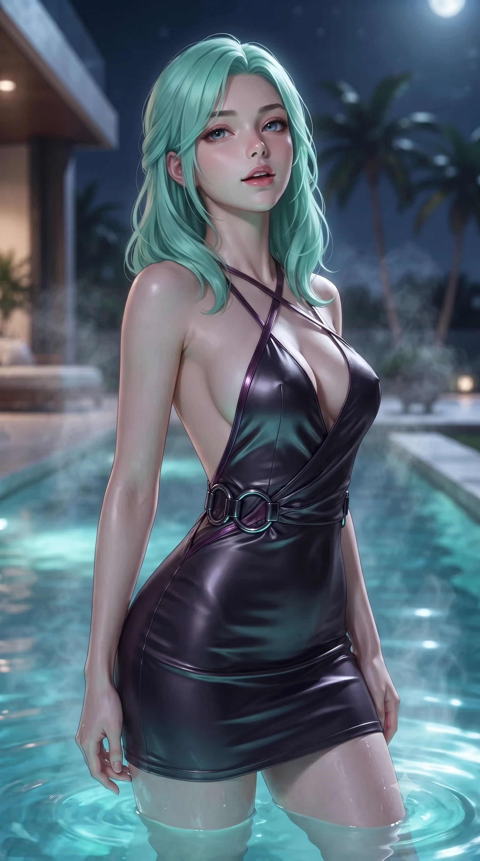 score_9, masterpiece, best quality, ultra-detailed, high-budget anime keyframe, editorial fashion photography, tasteful artistic composition, Japanese woman. close-up cowboy shot from the waist and thighs up, the character dominates the composition, filling the frame with her large presence, background elements kept in soft focus. Tilting her chin up slightly with lips parted in a composed, magnetic expression, standing gracefully in a secluded private infinity pool at a high-end villa at 3 AM, gentle steam rising from the heated water into the cool midnight air. She has an exceptionally elegant, slender, and willowy female figure with an ultra-slim waist, a gracefully sculpted slender torso, and a refined silhouette. sharp v-shaped jawline, high-bridge nose, intricate jewel-like eyes with depth, thick eyelashes, glossy lips with a natural sheen. wearing dramatically scooped backless dark satin mini dress with criss-cross chrome straps in dark plum violet, made of liquid dark mercury jersey, accented with sculpted obsidian chrome rings at the waist, the fitted fabric emphasizing her ultra-slim waist. surrounded by a moody nocturnal ambiance with glowing aqua water highlights. ultra-reflective glossy finish, specular highlights, metallic sheen, high-contrast stereoscopic depth, volumetric dynamic lighting, 2k, ultra detail, master piece, 9:16 ratio