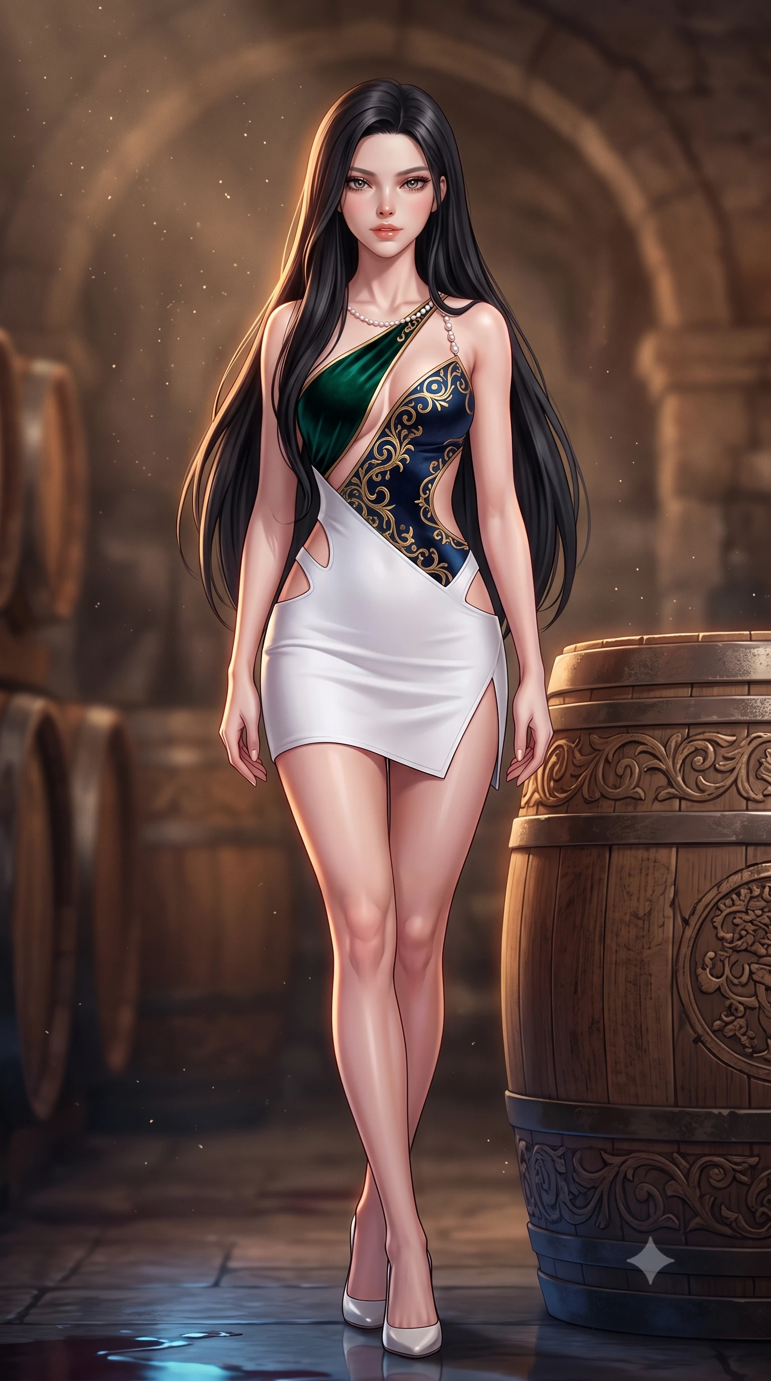 score_9, masterpiece, best quality, ultra-detailed, high-budget anime keyframe, semi-realistic 3D game render, editorial fashion photography, tasteful artistic composition, Korean woman. low angle full-body shot from head to toe showing her feet, filling the entire 9:16 vertical frame with her statuesque presence, stretching her vertical silhouette. stepping slowly toward the camera with hypnotic grace, hips swaying in an alluring sensual rhythm that accentuates her curvy hourglass silhouette and long slender legs while lounging against an ancient carved wine cask with legs crossed, arching her lower back with seductive vampire queen poise. The background shows a soft-focus dusty oak barrels softened in atmospheric subterranean shallow focus. She has an absolutely perfect, statuesque 8.5-heads proportion, an exceptionally tall and slender model-like female figure with impossibly long slender legs, an ultra-slim waist, a flat toned midriff, narrow delicate ribcage, and beautifully sculpted feminine hips creating a graceful, slim hourglass silhouette without any bulky heaviness. sharp v-shaped jawline, high-bridge nose, sparkling eyes with hypnotic seductive depth, thick curled eyelashes, glossy parted lips with a natural dewy peach sheen, alluring bedroom-eyes with an enchanting coquettish smile, exuding magnetic siren charisma and sophisticated glamour, flawlessly proportioned anatomical accuracy, strict slender model proportions, natural body alignment, perfectly sculpted long slender limbs, ultra-slim waistline, clean dynamic posture without body distortion. wearing an asymmetric one-shoulder white neoprene mini dress with sharp laser-cut side openings framing her spine and hips in deep emerald velvet and dark sapphire with gold filigree, crafted from smooth liquid-tight stretch jersey emphasizing every curve of her body, accented with a pearl-drop body harness subtly framing her dewy collarbones and spine, the high-slit wrap tailoring accentuating her ultra-slim waistline and the enchanting curve of her feminine hips with alluring seductive charm. illuminated by wine puddle specular bounce and sharp warm-amber rim lights sculpting her jawline, flat midriff, and voluptuous hip curves. highly saturated vibrant anime colors, detailed shading with soft gradients, rich glossy textures, high-contrast stereoscopic depth, volumetric dynamic lighting, master piece, 9:16 ratio