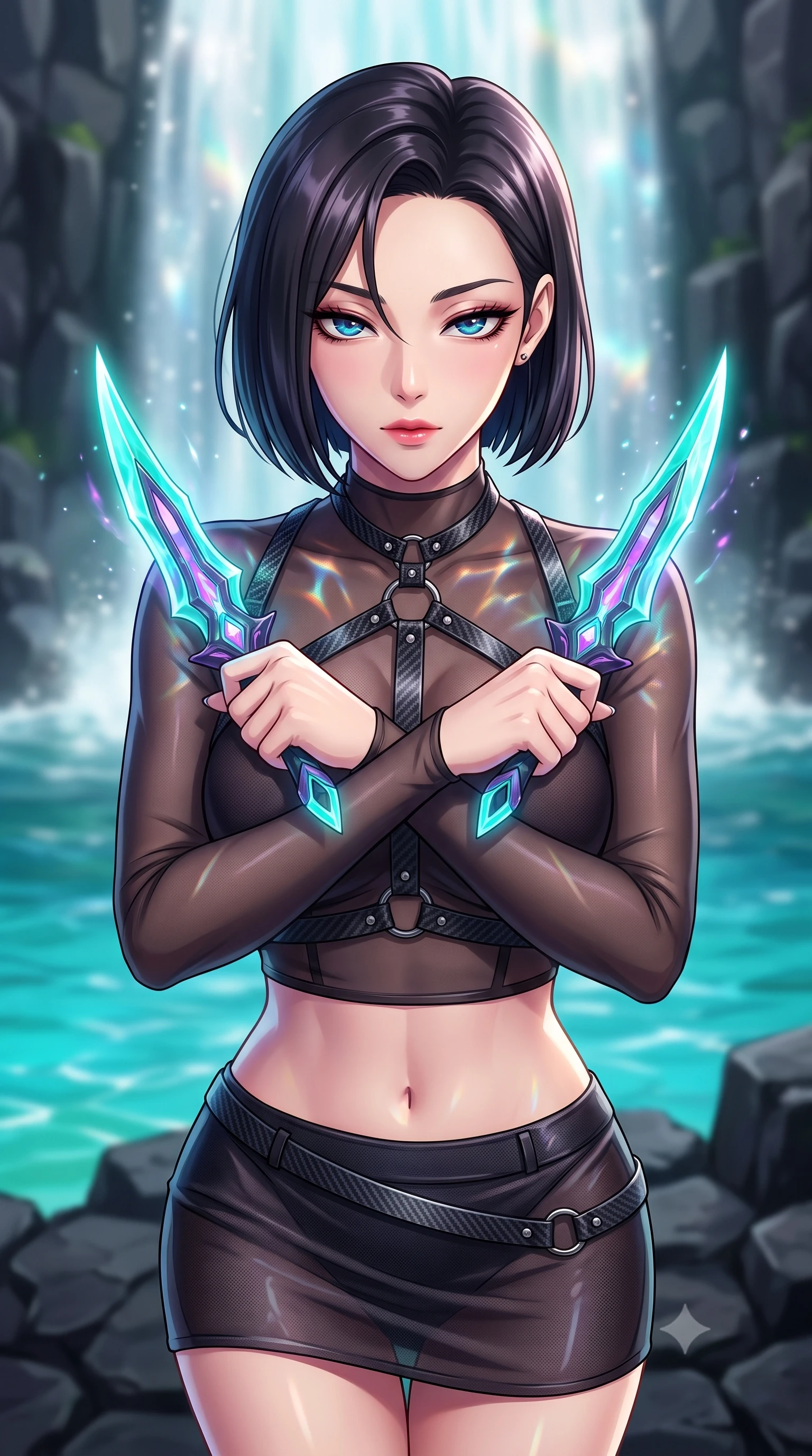 score_9, masterpiece, best quality, ultra-detailed, high-budget anime keyframe, editorial fashion photography, tasteful artistic composition, Korean woman. close-up cowboy shot from the waist and thighs up, the character dominates the composition, filling the frame with her large presence, background elements kept in soft focus. holding two energy daggers crossed in front of her elegant collarbone, casting a heavy-lidded, sultry look, the background shows a soft-focus a waterfall terrace made of dark basalt stone overlooking a turquoise river. She has an exceptionally elegant, slender, and willowy female figure with an ultra-slim waist, a gracefully sculpted slender torso, and a refined silhouette. sharp v-shaped jawline, high-bridge nose, intricate jewel-like eyes with depth, thick eyelashes, glossy lips with a natural sheen. wearing a form-contouring semi-opaque dark mesh crop top paired with a micro skirt, layered with a carbon-fiber harness. shimmering light refracting through the water spray onto her elegant collarbone. highly saturated vibrant anime colors, detailed shading with soft gradients, rich glossy textures, high-contrast stereoscopic depth, volumetric dynamic lighting, master piece, 9:16 ratio