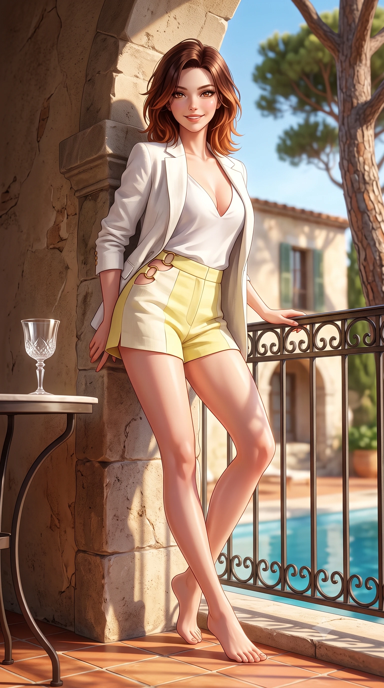 score_9, masterpiece, best quality, ultra-detailed, high-budget anime keyframe, semi-realistic 3D game render, editorial fashion photography, tasteful artistic composition, Korean woman. low angle full-body shot from head to toe showing her feet, filling the entire 9:16 vertical frame with her statuesque presence, stretching her vertical silhouette. leaning deep against the sunlit villa archway with hips cocked back in a cute yet unapologetically alluring high-fashion stance, flashing a warm beaming smile while leaning against the wrought-iron balcony railing with hips cocked back, glancing back with an intoxicating, sophisticated half-smile. The surrounding environment is rendered in vivid detail and crisp panoramic clarity. sharp terracotta floor tile texture, umbrella pine bark relief, and glass goblet clarity in deep focus. She has an exceptionally tall and slender model-like 8.5-heads proportion, an ultra-slim waist, a flat toned midriff, narrow delicate ribcage, and beautifully sculpted feminine hips creating a graceful, slim hourglass silhouette without any bulky heaviness, with impossibly long slender legs. sharp v-shaped jawline, high-bridge nose, sparkling amber-hazel eyes with depth, long lush eyelashes, glossy sun-kissed lips with a warm coral glaze, radiant teasing smile with sensual sunlit bedroom-eyes, exuding effortless old-money elegance and intoxicating sun-drenched allure, flawlessly proportioned anatomical accuracy, strict slender model proportions, natural body alignment, perfectly sculpted long slender limbs, ultra-slim waistline, clean dynamic posture without body distortion. wearing a breezy white linen tailored blazer worn over a plunging-V camisole and high-waisted tailored linen shorts in pastel limoncello yellow and vanilla cream, tailored from crisp cotton poplin with clean structural architectural lines, accented with sculptural gold ring hardware framing the subtle side cutouts, the high-waisted tailoring accentuating her ultra-slim waistline and the enchanting curve of her feminine hips with alluring sunlit charm. illuminated by pool bounce light and sharp champagne rim lighting sculpting her razor-sharp jawline, narrow waist, and curvy hips. highly saturated vibrant anime colors, detailed shading with soft gradients, rich glossy textures, high-contrast stereoscopic depth, volumetric dynamic lighting, master piece, 9:16 ratio