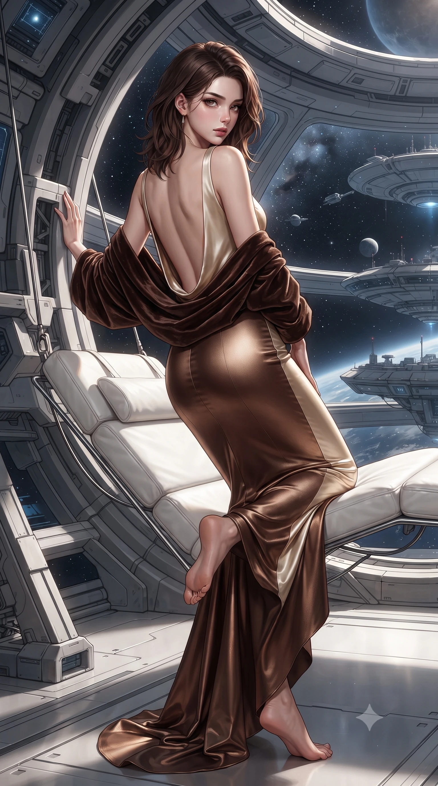 score_9, masterpiece, best quality, ultra-detailed, high-budget anime keyframe, editorial fashion photography, tasteful artistic composition, Korean woman. low angle full-body shot from head to toe showing her feet, filling the entire 9:16 vertical frame with her statuesque presence, stretching her vertical silhouette. leaning deep against the structural architecture with hips cocked in an unapologetically bold, seductive high-fashion stance while reclining on a suspended zero-gravity white leather daybed with one knee drawn up, looking back over her bare shoulder with celestial bedroom-eyes. The surrounding environment is rendered in vivid detail and crisp panoramic clarity. epic high-contrast orbital sci-fi chiaroscuro and transcendent space-age luxury aesthetics in precision. She has an exceptionally tall and slender model-like 8.5-heads proportion, an ultra-slim waist, a flat toned midriff, narrow delicate ribcage, and beautifully sculpted feminine hips creating a graceful, slim hourglass silhouette without any bulky heaviness, with impossibly long slender legs. sharp v-shaped jawline, high-bridge nose, intricate jewel-like eyes with depth, thick eyelashes, glossy parted lips with a natural sheen, intensely captivating and seductive bedroom-eyes expression, flawlessly proportioned anatomical accuracy, strict slender model proportions, natural body alignment, perfectly sculpted long slender limbs, ultra-slim waistline, clean dynamic posture without body distortion. wearing a sculptured liquid-satin mermaid gown with an ultra-deep cowl back descending to the base of her spine in rich equestrian cognac brown and crisp champagne cream, crafted from luxurious metallic lamé that shifts radiance with every step, complemented by a plush velvet shawl draped loosely over her elbows, the dramatically scooped open back descending to the base of her spine, accentuating her razor-sharp statuesque lines and slim hourglass silhouette. surrounded by a celestial, sovereign, and breathlessly magnificent orbital empress aura. ultra-reflective glossy finish, specular highlights, rich textural contrasts, high-contrast stereoscopic depth, volumetric dynamic lighting, 2k, ultra detail, master piece, 9:16 ratio