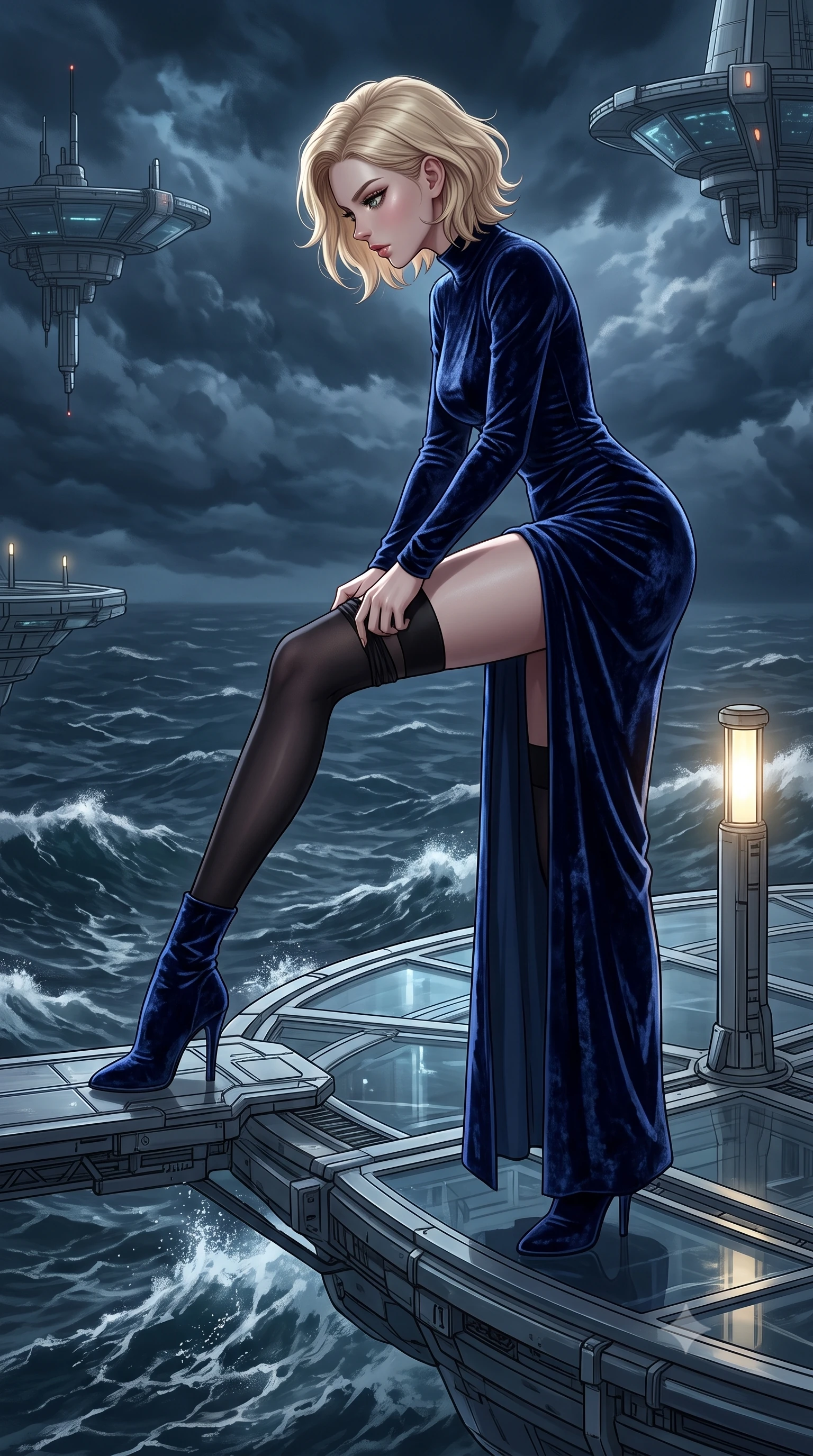 score_9, masterpiece, best quality, ultra-detailed, High-budget Anime Keyframe, Caucasian woman, strictly human ears. Dynamic full-body shot stretching the vertical silhouette to the limit. Scenario 251: adjusting her thigh-high stocking near a floating platform suspended over a stormy sea of dark blue water. Her presence is magnetic and overpowering in this high-budget anime scene. Outfit 251: a tailored crushed dark velvet bare with a thigh-high slit and tight-fitting silhouette. The clothing is designed to emphasize her exceptionally tall and slender 8-heads proportion. 8-heads proportion, towering silhouette, ultra-slim waist. sharp v-shaped jawline, intricate jewel-like eyes with depth, thick eyelashes, glossy lips. 2k, ultra detail, master piece, 9:16 ratio