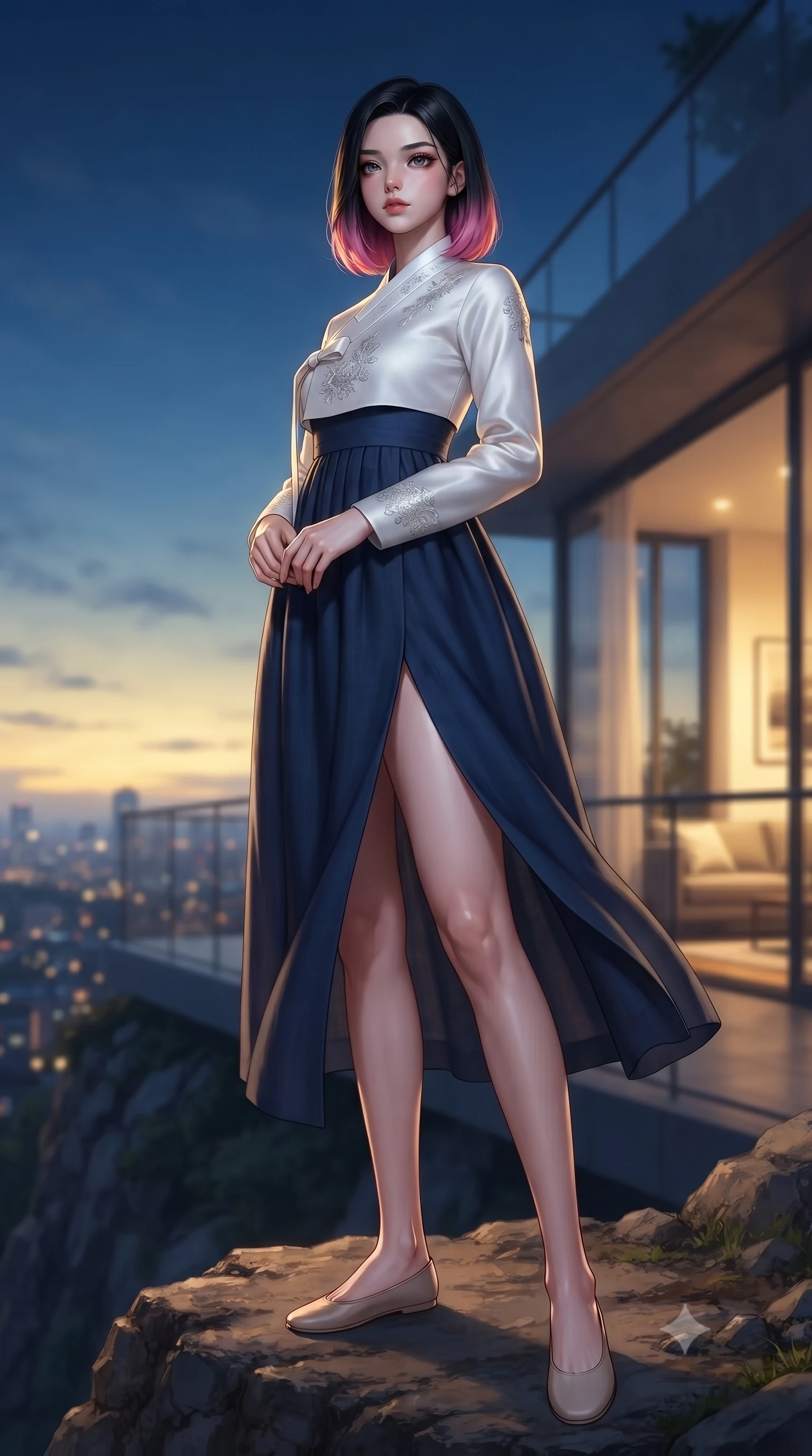 score_9, masterpiece, best quality, ultra-detailed, high-budget anime keyframe, editorial fashion photography, tasteful artistic composition, Korean woman woman. low angle full-body shot from head to toe showing her feet, filling the entire 9:16 vertical frame with her statuesque presence, stretching her vertical silhouette. standing proud on a scenic cliff overlooking the valley, her silhouette framed by the golden sky the background shows a soft-focus a modern apartment balcony overlooking a distant glittering city skyline at dusk. She has an absolutely perfect, statuesque 8.5-heads proportion, an exceptionally tall and slender model-like female figure with impossibly long slender legs and an ultra-slim waist. sharp v-shaped jawline, high-bridge nose, intricate jewel-like eyes with depth, thick eyelashes, glossy lips with a natural sheen. wearing a body-hugging modern fusion hanbok dress with a navy blue linen skirt and a high-neck white silk jeogori wrapper. the cool blue twilight sky contrasting with the warm golden lights of the room inside. ultra-reflective glossy finish, specular highlights, metallic sheen, high-contrast stereoscopic depth, volumetric dynamic lighting, 2k, ultra detail, master piece, 9:16 ratio