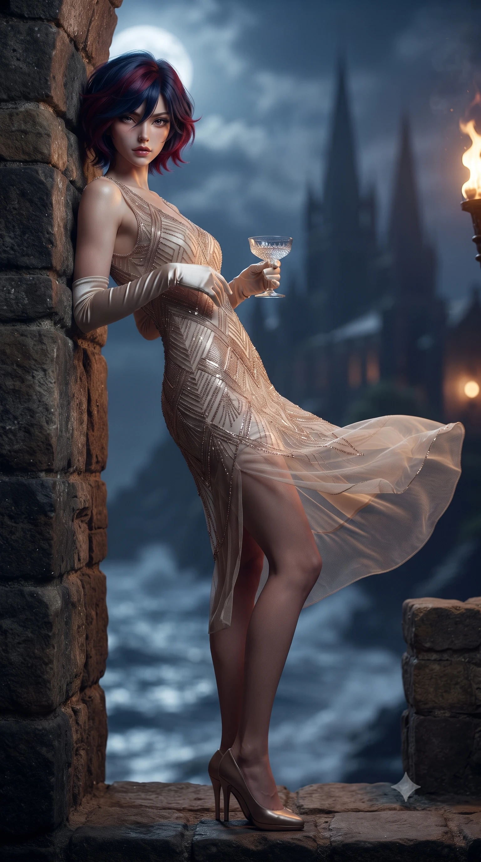 score_9, masterpiece, best quality, ultra-detailed, high-budget anime keyframe, editorial fashion photography, tasteful artistic composition, Korean woman. low angle full-body shot from head to toe showing her feet, filling the entire 9:16 vertical frame with her statuesque presence, stretching her vertical silhouette. leaning deep against the structural architecture with hips cocked in an unapologetically bold, seductive high-fashion stance while standing poised on the high stone ramparts facing the surging ocean tide, arching her spine as Atlantic winds whip her dress around her curvy hips. The composition keeps background elements in soft focus with creamy bokeh. swirling Atlantic sea tide waters and soaring abbey spires blurred into deep indigo, foaming silver, and charcoal bokeh. She has an exceptionally tall and slender model-like 8.5-heads proportion, an ultra-slim waist, a flat toned midriff, narrow delicate ribcage, and beautifully sculpted feminine hips creating a graceful, slim hourglass silhouette without any bulky heaviness, with impossibly long slender legs. sharp v-shaped jawline, high-bridge nose, intricate jewel-like eyes with depth, thick eyelashes, glossy parted lips with a natural sheen, intensely captivating and seductive bedroom-eyes expression, flawlessly proportioned anatomical accuracy, strict slender model proportions, natural body alignment, perfectly sculpted long slender limbs, ultra-slim waistline, clean dynamic posture without body distortion. wearing a sheer vintage mesh flapper dress adorned with intricate geometric beadwork over an opaque silk slip in vintage champagne ivory and delicate rose gold, woven from layered gossamer chiffon with a weightless sweeping drape, accessorized with opera-length satin gloves and a vintage crystal glass, the form-contouring material adhering flawlessly to her sculpted flat midriff and slender torso, emphasizing her long leg lines and perfectly proportioned willowy build. bathed in cool silver full-moon light reflecting off the sea and warm amber fortress torchlight. ultra-reflective glossy finish, specular highlights, rich textural contrasts, high-contrast stereoscopic depth, volumetric dynamic lighting, 2k, ultra detail, master piece, 9:16 ratio