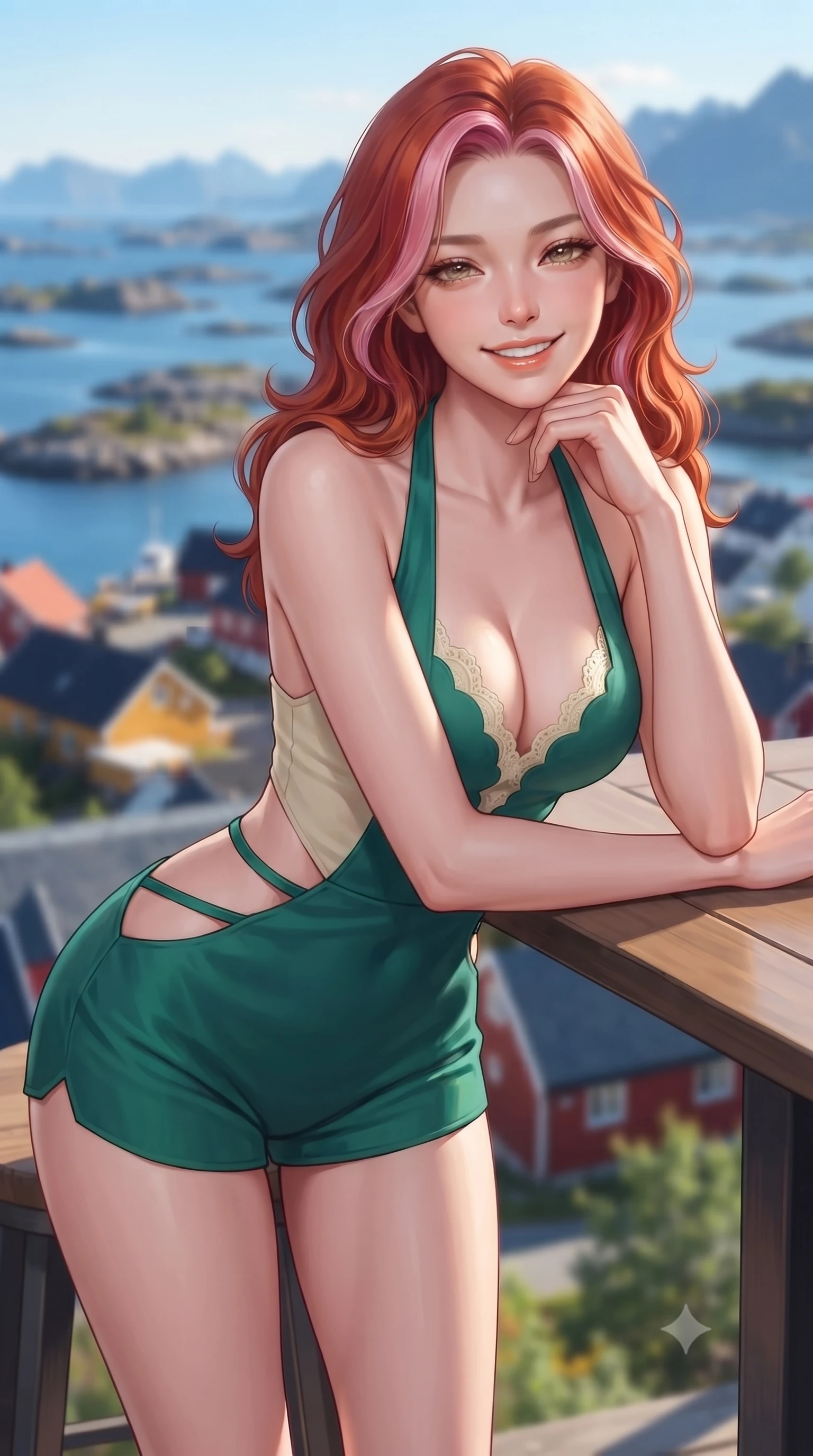 score_9, masterpiece, best quality, ultra-detailed, high-budget anime keyframe, editorial fashion photography, tasteful artistic composition, Caucasian woman. close-up cowboy shot from the waist and thighs up, the character dominates the composition, filling the frame with her large presence. resting one elbow on the table and supporting her chin, leaning close to the camera with heavy-lidded sparkling eyes and parted lips while twisting her slender torso in an alluring S-curve, midnight sunbeams and cool mountain air sculpting her silhouette and flat midriff. The background shows a soft-focus hundreds of rocky skerries and islands dotted across the blue Norwegian Sea, colorful roofs of Svolvær, and distant mountain chains blurred into cobalt, topaz, and rose bokeh. She has an exceptionally elegant, slender, and willowy female figure with an ultra-slim waist, flat toned midriff, narrow ribcage, and sculpted feminine hips creating an alluring, slim hourglass silhouette without bulk. sharp v-shaped jawline, high-bridge nose, intricate jewel-like sparkling eyes with depth, thick eyelashes, glossy parted lips with a natural peach sheen, bright cheerful beaming smile with an enchanting and coquettish sensual glint, exuding both youthful cute charm and seductive allure, flawlessly proportioned anatomical accuracy, strict slender model proportions, natural body alignment, perfectly sculpted long slender limbs, ultra-slim waistline, clean dynamic posture without body distortion. wearing a daring low-cut halterneck romper with exposed midriff and strappy hip cutouts in Mayan cenote emerald jade and subterranean limestone cream, crafted from bespoke double-faced cashmere with an exceptionally soft tactile finish, finished with scalloped eyelash lace trim framing her sweetheart neckline with intimate elegance, the form-contouring silhouette accentuating her sculpted flat midriff, narrow delicate ribcage, and gracefully curvy hips with intoxicating allure. illuminated by timber deck reflection bounce and sharp gold-and-silver dual rim lights sculpting her jawline, narrow waist, and curvy hips. ultra-reflective glossy finish, specular highlights, rich textural contrasts, high-contrast stereoscopic depth, volumetric dynamic lighting, 2k, ultra detail, master piece, 9:16 ratio