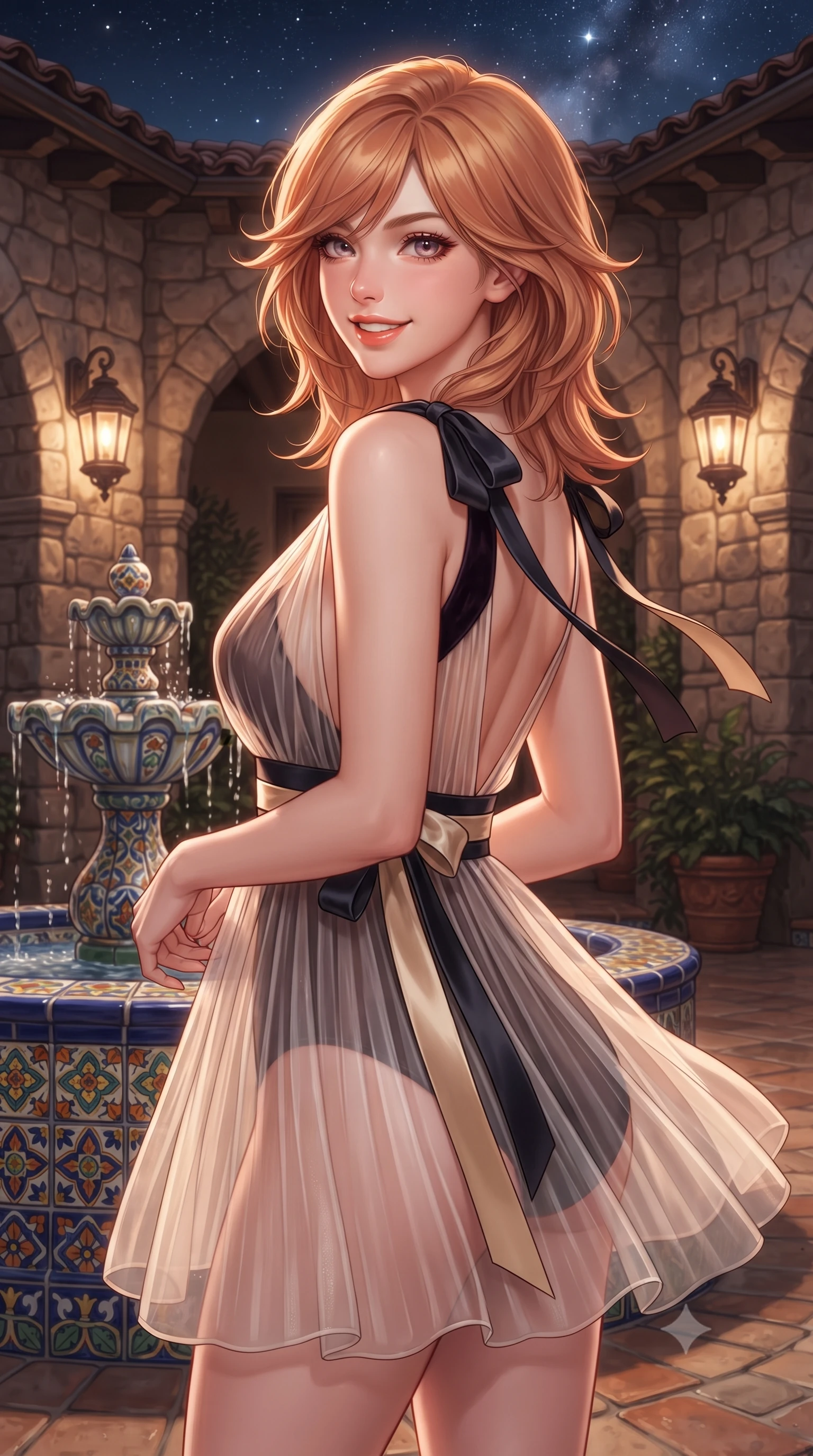 score_9, masterpiece, best quality, ultra-detailed, high-budget anime keyframe, editorial fashion photography, tasteful artistic composition, Korean woman. close-up cowboy shot from the waist and thighs up, the character dominates the composition, filling the frame with her large presence. posing in an alluring rear three-quarter angle, looking over a bare shoulder with parted glossy lips, her hips cocked back to highlight her slim hourglass curve while standing poised beside the hand-painted Talavera tiled fountain in the private courtyard, arching her lower back with queenly grace. The surrounding environment is rendered in vivid detail and crisp panoramic clarity: detailed sheer mesh catsuit velvet appliqués, narrow waist contours, and historic revival stonework in high resolution. She has an exceptionally elegant, slender, and willowy female figure with an ultra-slim waist, flat toned midriff, narrow ribcage, and sculpted feminine hips creating an alluring, slim hourglass silhouette without bulk. sharp v-shaped jawline, high-bridge nose, intricate jewel-like sparkling eyes with depth, thick eyelashes, glossy parted lips with a natural peach sheen, bright cheerful beaming smile with an enchanting and coquettish sensual glint, exuding both youthful cute charm and seductive allure, flawlessly proportioned anatomical accuracy, strict slender model proportions, natural body alignment, perfectly sculpted long slender limbs, ultra-slim waistline, clean dynamic posture without body distortion. wearing a sheer pleated chiffon baby-doll dress with a plunging sweetheart neckline and satin ribbon waist tie in midnight noir obsidian black and pure champagne gold, crafted from translucent silk organza with an ethereal crystalline sheen, finished with satin ribbon ties at the shoulders fluttering in the gentle breeze, the form-contouring silhouette accentuating her sculpted flat midriff, narrow delicate ribcage, and gracefully curvy hips with intoxicating allure. bathed in the warm, intimate glow of outdoor iron lantern sconces mixed with clear starlight. ultra-reflective glossy finish, specular highlights, rich textural contrasts, high-contrast stereoscopic depth, volumetric dynamic lighting, 2k, ultra detail, master piece, 9:16 ratio
