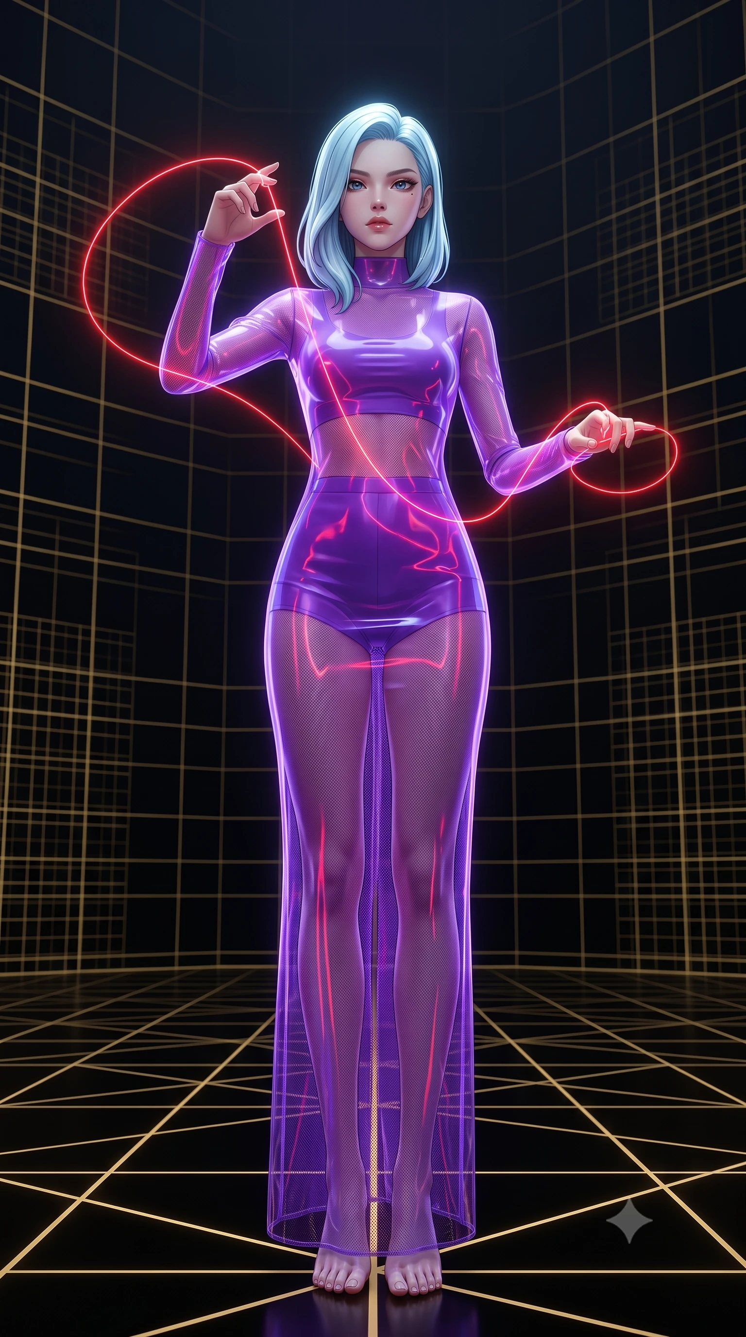 score_9, masterpiece, best quality, ultra-detailed, High-budget Anime Keyframe, East Asian woman. Low angle cowboy shot filling the entire 9:16 frame with her statuesque presence. Scenario 518: tracing a glowing red thread of fate with her fingers in a digital arena where gold gridlines project onto the black walls. Her presence is magnetic and overpowering in this high-budget anime scene. Outfit 518: a body-hugging neon violet translucent PVC gown worn over an opaque crop top and high-waisted shorts. The clothing is designed to emphasize her exceptionally tall and slender 8-heads proportion. 8-heads proportion, towering silhouette, ultra-slim waist. sharp v-shaped jawline, intricate jewel-like eyes with depth, thick eyelashes, glossy lips. 2k, ultra detail, master piece, 9:16 ratio