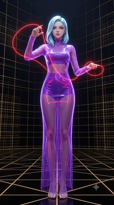 score_9, masterpiece, best quality, ultra-detailed, High-budget Anime Keyframe, East Asian woman. Low angle cowboy shot filling the entire 9:16 frame with her statuesque presence. Scenario 518: tracing a glowing red thread of fate with her fingers in