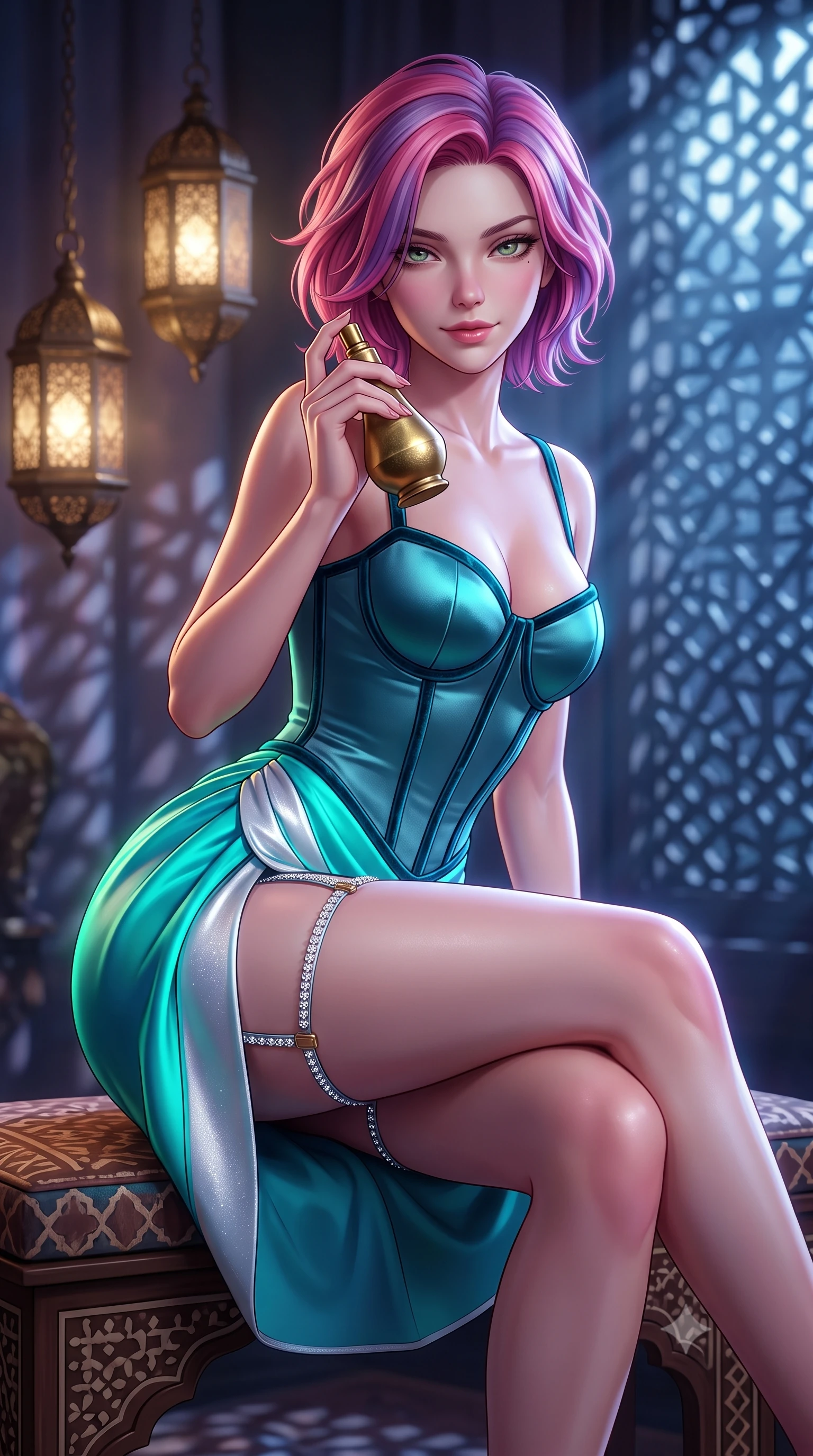 score_9, masterpiece, best quality, ultra-detailed, high-budget anime keyframe, semi-realistic 3D game render, editorial fashion photography, tasteful artistic composition, Caucasian woman. close-up cowboy shot from the waist and thighs up, the character dominates the composition, filling the frame with her large presence. leaning forward while arching her lower back to accentuate her curvy hips, looking into the camera with an intoxicating smoldering gaze and bedroom-eyes while sitting poised on the low cushioned cedar bench with legs crossed, holding a brass perfume vial with dangerous coquettish allure. The background shows a soft-focus hanging pierced brass lanterns softened in sensual palace sanctuary shallow focus. She has an exceptionally elegant, slender, and willowy female figure with an ultra-slim waist, flat toned midriff, narrow ribcage, and sculpted feminine hips creating an alluring, slim hourglass silhouette without bulk. sharp v-shaped jawline, high-bridge nose, sparkling eyes with hypnotic seductive depth, thick curled eyelashes, glossy parted lips with a natural dewy peach sheen, alluring bedroom-eyes with an enchanting coquettish smile, exuding magnetic siren charisma and sophisticated glamour, flawlessly proportioned anatomical accuracy, strict slender model proportions, natural body alignment, perfectly sculpted long slender limbs, ultra-slim waistline, clean dynamic posture without body distortion. wearing a structured boned satin corset bodice with crushed velvet piping paired with a draped tulip mini skirt in bioluminescent neon teal and starlight silver, tailored from fine structural neoprene with crisp architectural edges and smooth contouring, finished with delicate crystal-encrusted thigh garter straps glinting in the dim light, the high-slit wrap tailoring accentuating her ultra-slim waistline and the enchanting curve of her feminine hips with alluring seductive charm. bathed in sharp geometric patterned light and shadow projected by moonlight streaming through the mashrabiya lattice. highly saturated vibrant anime colors, detailed shading with soft gradients, rich glossy textures, high-contrast stereoscopic depth, volumetric dynamic lighting, master piece, 9:16 ratio