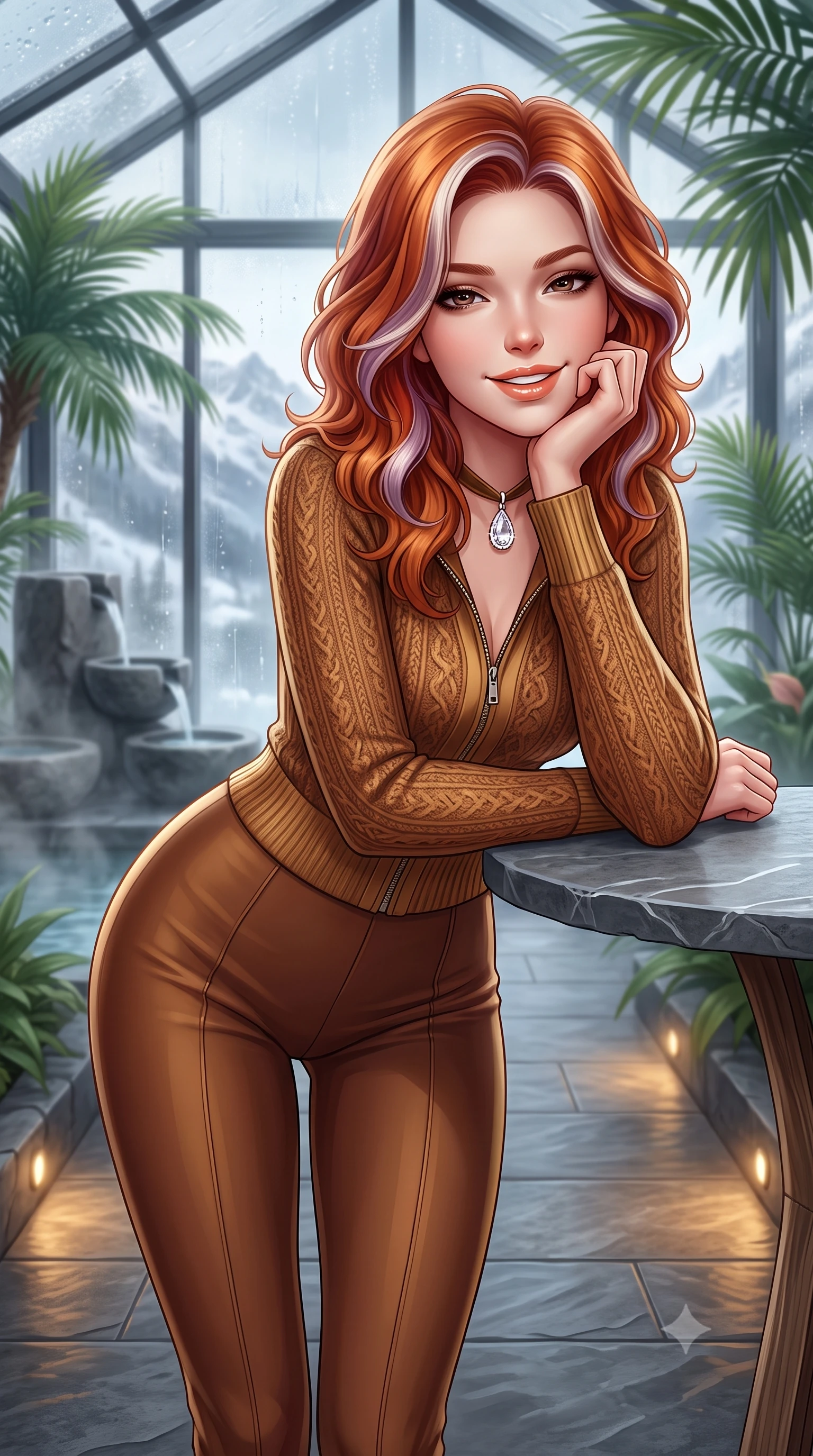 score_9, masterpiece, best quality, ultra-detailed, high-budget anime keyframe, semi-realistic 3D game render, editorial fashion photography, tasteful artistic composition, Caucasian woman. close-up cowboy shot from the waist and thighs up, the character dominates the composition, filling the frame with her large presence. resting one elbow on the table and supporting her chin, leaning close to the camera with heavy-lidded sparkling eyes and parted lips while standing poised on the warm slate floor of the indoor winter garden pavilion surrounded by lush tropical palms, smiling with serene relaxation. The background shows a soft-focus minimalist stone water features softened in peaceful Swiss alpine wellness sanctuary shallow focus. She has an exceptionally elegant, slender, and willowy female figure with an ultra-slim waist, flat toned midriff, narrow ribcage, and sculpted feminine hips creating an alluring, slim hourglass silhouette without bulk. sharp v-shaped jawline, high-bridge nose, intricate jewel-like sparkling eyes with depth, thick eyelashes, glossy parted lips with a natural peach sheen, bright cheerful beaming smile with an enchanting and coquettish sensual glint, exuding both youthful cute charm and seductive allure, flawlessly proportioned anatomical accuracy, strict slender model proportions, natural body alignment, perfectly sculpted long slender limbs, ultra-slim waistline, clean dynamic posture without body distortion. wearing a body-hugging thermal cashmere zip-front ski sweater paired with sleek high-waisted stretch stirrup trousers in warm chestnut brown and burnished gold, tailored from stretch wool crepe providing structured compression and razor-sharp bodycon lines, finished with a narrow velvet neck ribbon and a sparkling teardrop crystal pendant, the body-conscious tailored knit hugging her sculpted torso and curvaceous hips in a seamless, fluid line that highlights her statuesque model proportions. bathed in calm diffused winter daylight filtering through steamy glass panes combined with warm 2800K recessed floor lights. highly saturated vibrant anime colors, detailed shading with soft gradients, rich glossy textures, high-contrast stereoscopic depth, volumetric dynamic lighting, master piece, 9:16 ratio