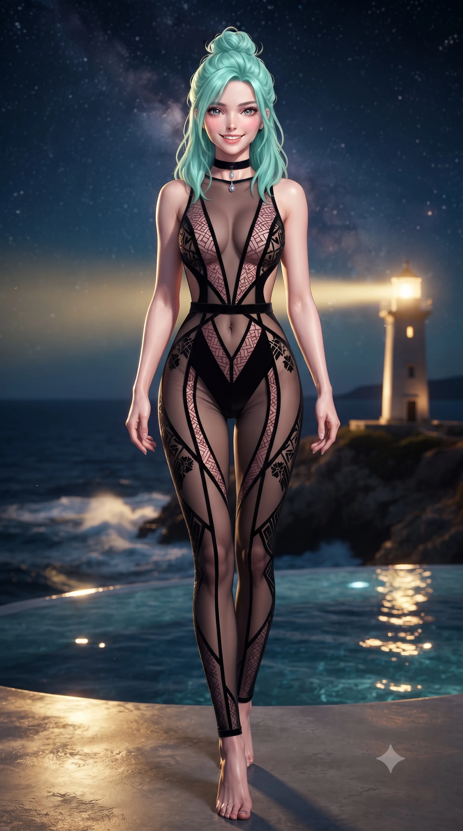 score_9, masterpiece, best quality, ultra-detailed, high-budget anime keyframe, editorial fashion photography, tasteful artistic composition, Japanese woman. low angle full-body shot from head to toe showing her feet, filling the entire 9:16 vertical frame with her statuesque presence, stretching her vertical silhouette. stepping slowly toward the camera with hypnotic grace, hips swaying in an alluring sensual rhythm that accentuates her curvy hourglass silhouette and long slender legs while standing poised on the secluded cliff promontory beside the private infinity spa, arching her spine with siren grace as the historic lighthouse beacon sweeps across dark waves. The background shows a soft-focus sweeping golden beacon beam of Akrotiri lighthouse illuminating sea foam, distant southern Aegean horizons, and starry Milky Way blurred into amber, turquoise, and violet bokeh. She has an exceptionally tall and slender model-like 8.5-heads proportion, an ultra-slim waist, a flat toned midriff, narrow delicate ribcage, and beautifully sculpted feminine hips creating a graceful, slim hourglass silhouette without any bulky heaviness, with impossibly long slender legs. sharp v-shaped jawline, high-bridge nose, intricate jewel-like sparkling eyes with depth, thick eyelashes, glossy parted lips with a natural peach sheen, bright cheerful beaming smile with an enchanting and coquettish sensual glint, exuding both youthful cute charm and seductive allure, flawlessly proportioned anatomical accuracy, strict slender model proportions, natural body alignment, perfectly sculpted long slender limbs, ultra-slim waistline, clean dynamic posture without body distortion. wearing a backless sheer illusion mesh jumpsuit with strategic geometric flocking tracing her long slender leg lines in Kyoto moonlit sakura blush and polished urushi black, tailored from ultra-plush silk velvet with rich tactile depth and deep shadow gradients, finished with a thin velvet ribbon choker and a single teardrop diamond pendant, the precision-cut side openings and low-back scoop framing her graceful spine and the sensual sweep of her slim, toned hips. bathed in the periodic sweeping golden glow of the historic lighthouse beam contrasted with deep nocturnal sky and starlight. ultra-reflective glossy finish, specular highlights, rich textural contrasts, high-contrast stereoscopic depth, volumetric dynamic lighting, 2k, ultra detail, master piece, 9:16 ratio