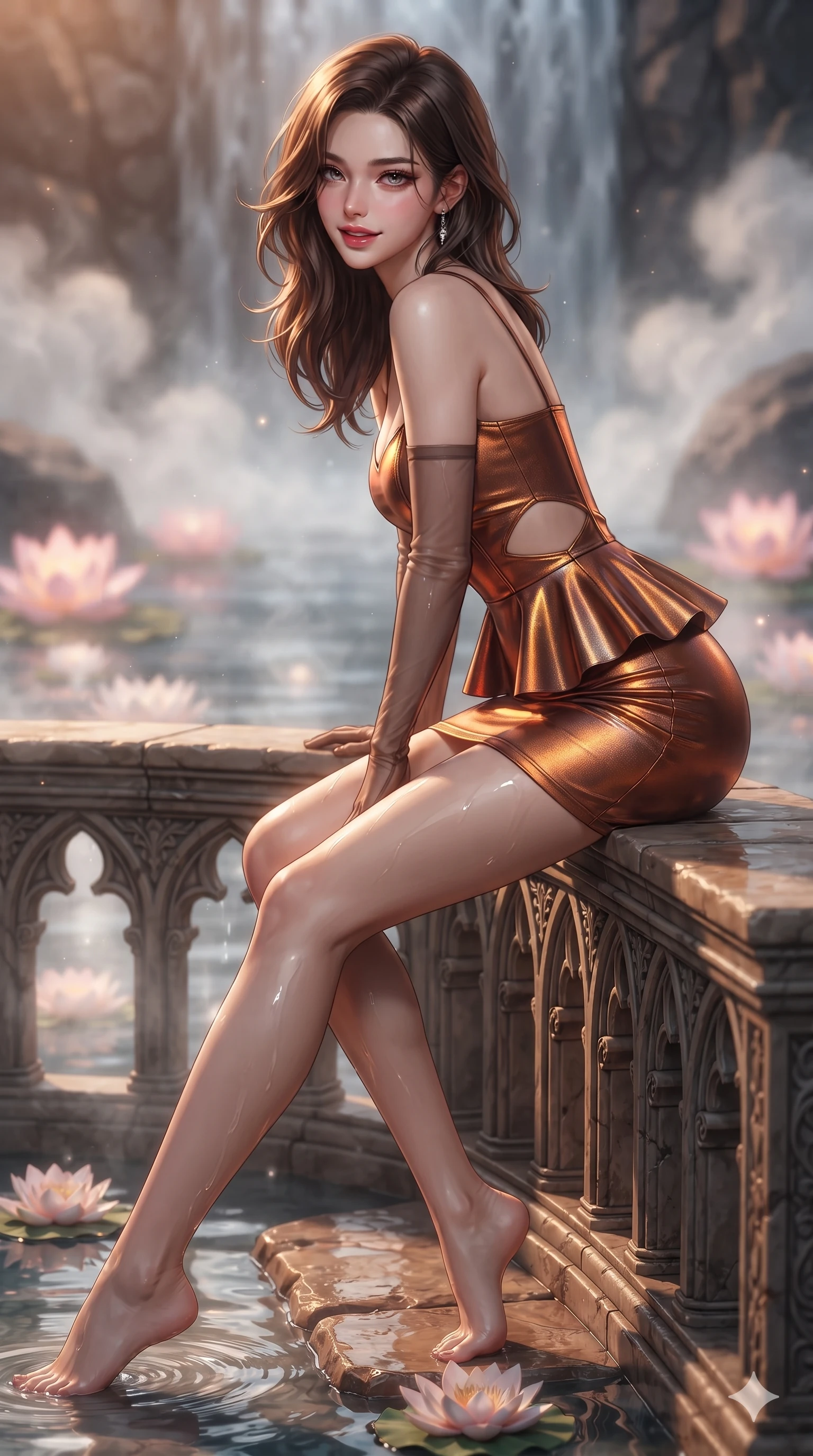 score_9, masterpiece, best quality, ultra-detailed, high-budget anime keyframe, editorial fashion photography, tasteful artistic composition, Korean woman. close-up cowboy shot from the waist and thighs up, the character dominates the composition, filling the frame with her large presence. leaning forward over the carved stone gothic balustrade, looking back with sleepy seductive bedroom-eyes as water reflections dance across her silhouette while sitting poised on the warm volcanic stone ledge with legs extended, flashing an enchanting smile with parted glossy lips as floating lotus blossoms drift past. The background shows a soft-focus curling white thermal steam clouds, cascading mineral spring water, and glowing pink water lilies blurred into pearl white, slate, and lotus-pink bokeh. She has an exceptionally elegant, slender, and willowy female figure with an ultra-slim waist, flat toned midriff, narrow ribcage, and sculpted feminine hips creating an alluring, slim hourglass silhouette without bulk. sharp v-shaped jawline, high-bridge nose, intricate jewel-like sparkling eyes with depth, thick eyelashes, glossy parted lips with a natural sheen, intensely captivating and seductive bedroom-eyes expression, exuding both youthful cute charm and sovereign luxury allure, flawlessly proportioned anatomical accuracy, strict slender model proportions, natural body alignment, perfectly sculpted long slender limbs, ultra-slim waistline, clean dynamic posture without body distortion. wearing a modern peplum corset dress with side-waist diamond cutouts and an ultra-tight silhouette in rich copper bronze and warm amber, crafted from luxurious metallic lamé that shifts radiance with every step, complemented by sheer opera-length evening gloves tracing her slender arms, the liquid-tight tailored fabric clinging flawlessly to her narrow waist and rounded feminine hips, emphasizing every millimeter of her sculpted slim hourglass curves without any bulky heaviness. bathed in the warm, moody ambient light of concealed rock-recessed spotlights combined with the soft silver glow of the moon. ultra-reflective glossy finish, specular highlights, rich textural contrasts, high-contrast stereoscopic depth, volumetric dynamic lighting, 2k, ultra detail, master piece, 9:16 ratio