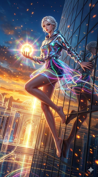 score_9, masterpiece, best quality, ultra-detailed, Set A: High-budget Anime Keyframe, Korean woman. Low angle cowboy shot filling the entire 9:16 frame with her statuesque presence. Theme: Ethereal Dream. sliding down a glass skyscraper in a temple 