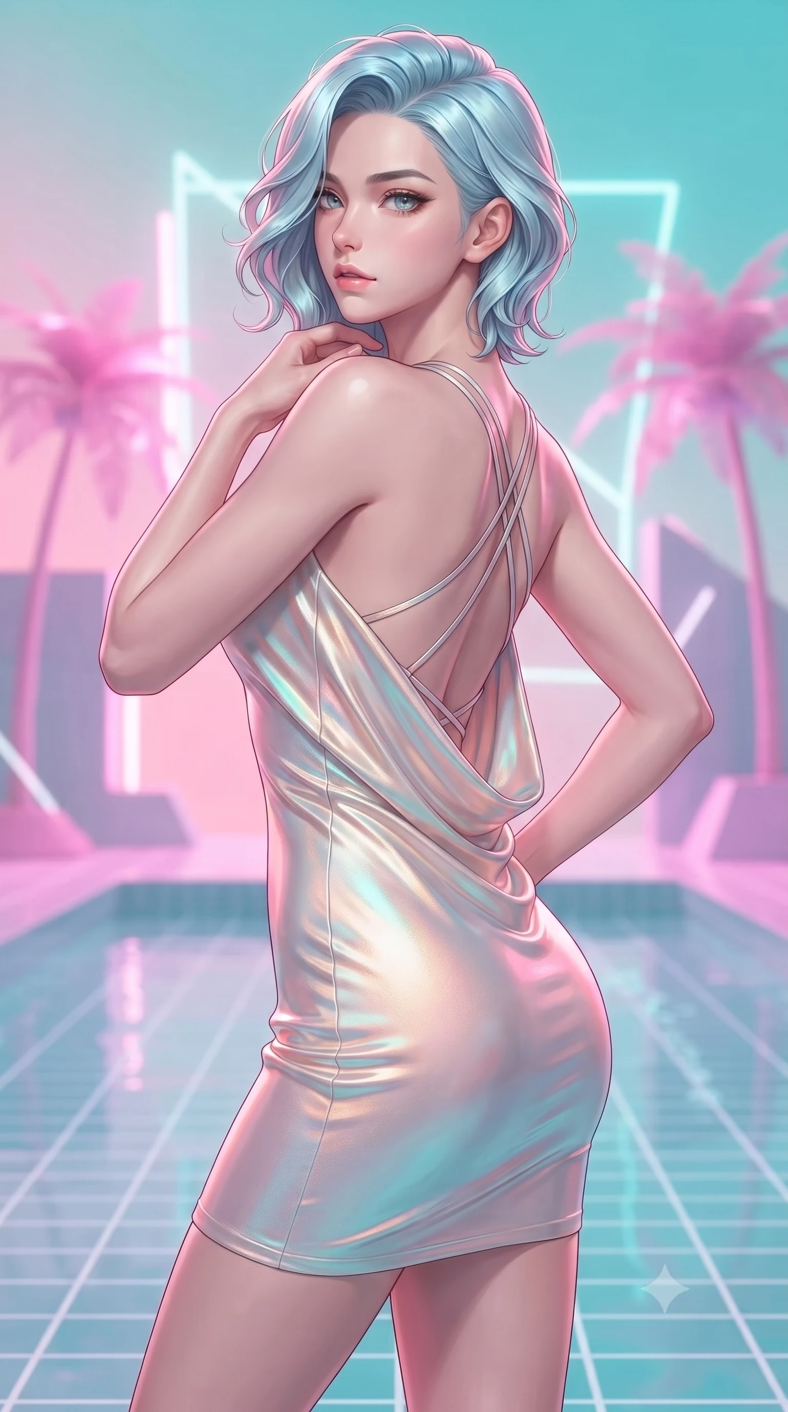 score_9, masterpiece, best quality, ultra-detailed, high-budget anime keyframe, editorial fashion photography, tasteful artistic composition, Korean woman. close-up cowboy shot from the waist and thighs up, the character dominates the composition, filling the frame with her large presence, background elements kept in soft focus. Gazing past the camera with an air of effortless elegance and mysterious confidence floating in a surreal pool surrounded by pink neon palm trees and grid floors, pastel pink and turquoise gradients creating a nostalgic 80s aesthetic. She has an exceptionally elegant, slender, and willowy female figure with an ultra-slim waist, a gracefully sculpted slender torso, and a refined silhouette. sharp v-shaped jawline, high-bridge nose, intricate jewel-like eyes with depth, thick eyelashes, glossy lips with a natural sheen. wearing a precision-fitted liquid jersey bodycon dress with a draped back in pearl white and rose gold, crafted from iridescent chiffon that shifts colors in the light, complemented by criss-cross back straps highlighting her bare shoulders, the tailored fabric tightly following every curve of her athletic build. illuminated by retro lo-fi backlighting and brilliant liquid speculars. highly saturated vibrant anime colors, detailed shading with soft gradients, rich glossy textures, high-contrast stereoscopic depth, volumetric dynamic lighting, master piece, 9:16 ratio