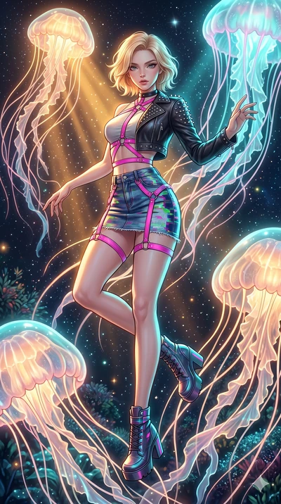 score_9, masterpiece, best quality, ultra-detailed, high-budget anime keyframe, Japanese woman. low angle full-body shot filling the entire 9:16 frame with her statuesque presence, stretching the vertical silhouette. swirling gracefully among the glo