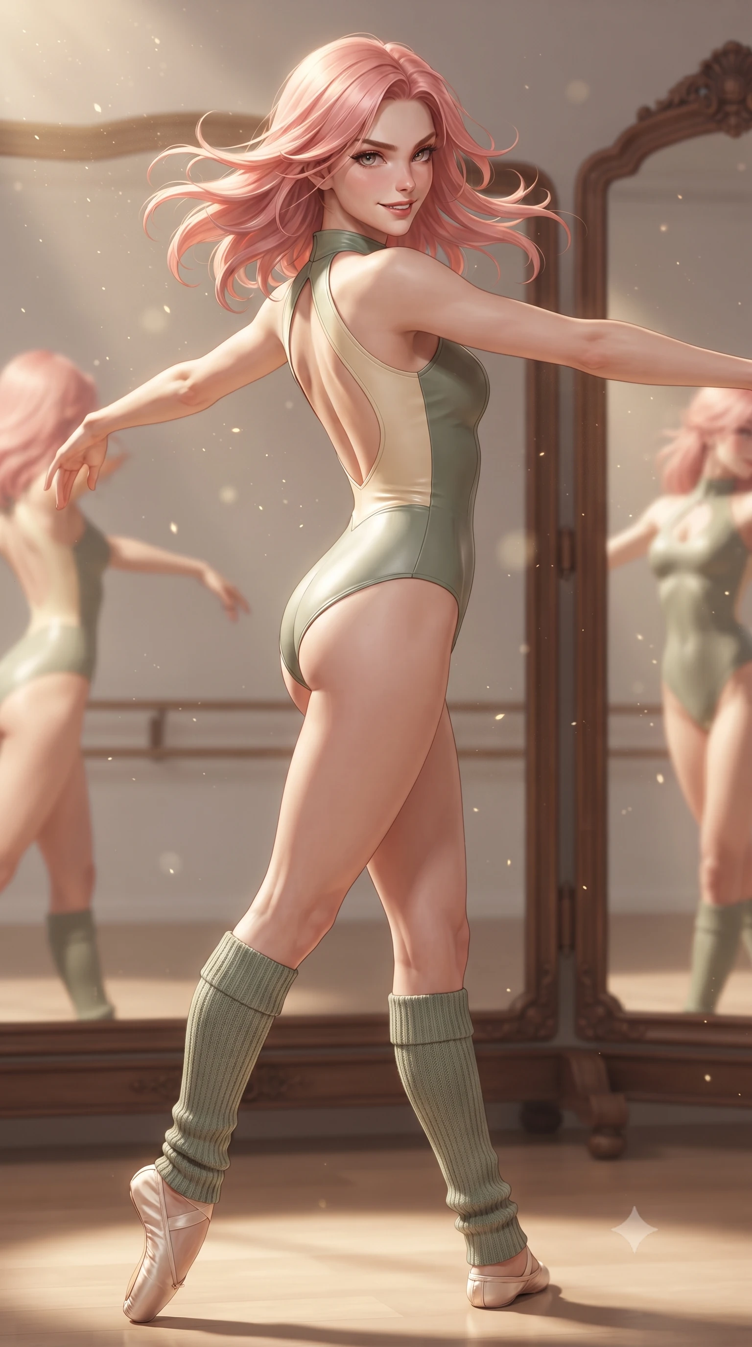 score_9, masterpiece, best quality, ultra-detailed, high-budget anime keyframe, editorial fashion photography, tasteful artistic composition, Japanese woman. close-up cowboy shot from the waist and thighs up, the character dominates the composition, filling the frame with her large presence. turning over a bare shoulder with an intoxicating, teasing smile, her soft hair framing her sharp jawline as her hips angle gracefully while executing an elegant mid-motion arabesque turn before the mirrors, the tight fabric sculpting her feminine hip contour with statuesque precision. The composition keeps background elements in soft focus with creamy bokeh. floating micro-chalk particles and spotlight beams scattering luminous golden light motes. She has an exceptionally elegant, slender, and willowy female figure with an ultra-slim waist, a gracefully sculpted slender torso, toned flat midriff, and rounded feminine hips creating an alluring hourglass silhouette. sharp v-shaped jawline, high-bridge nose, intricate jewel-like eyes with depth, thick eyelashes, glossy parted lips with a natural sheen, intensely captivating and seductive bedroom-eyes expression, flawlessly proportioned anatomical accuracy, strict slender model proportions, natural body alignment, perfectly sculpted long slender limbs, ultra-slim waistline, clean dynamic posture without body distortion. wearing a high-neck dance leotard with keyhole chest cutout and low-cut backline in sage green and warm cream, tailored from supple stretch leather with precision-stitched seams, accessorized with knitted leg warmers and delicate satin ballet slippers, the form-contouring material adhering flawlessly to her sculpted flat midriff and slender torso, emphasizing her long leg lines and perfectly proportioned willowy build. surrounded by a disciplined, sensual, and exquisitely graceful haute-couture dancer aura. ultra-reflective glossy finish, specular highlights, rich textural contrasts, high-contrast stereoscopic depth, volumetric dynamic lighting, 2k, ultra detail, master piece, 9:16 ratio