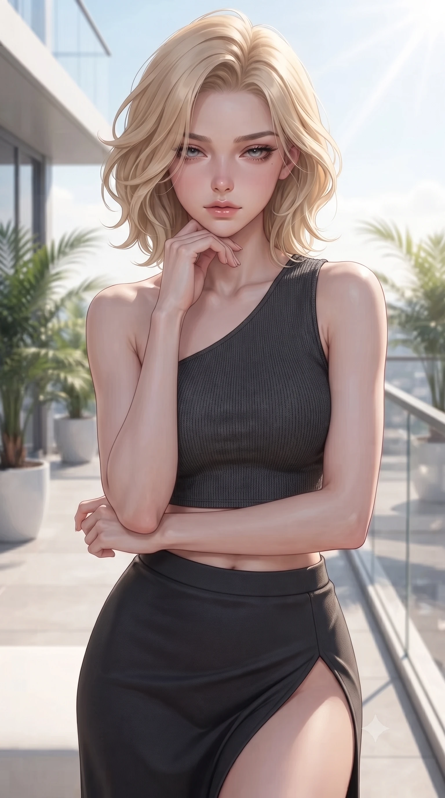 score_9, masterpiece, best quality, ultra-detailed, high-budget anime keyframe, editorial fashion photography, tasteful artistic composition, Caucasian woman. close-up cowboy shot from the waist and thighs up, the character dominates the composition, filling the frame with her large presence, background elements kept in soft focus. resting her chin on the backs of her fingers, casting a heavy-lidded, sultry look past the camera the background shows a soft-focus a high-rise helipad balcony decorated with potted palms and glass railings. She has an exceptionally elegant, slender, and willowy female figure with an ultra-slim waist, a gracefully sculpted slender torso, and a refined silhouette. sharp v-shaped jawline, high-bridge nose, intricate jewel-like eyes with depth, thick eyelashes, glossy lips with a natural sheen. wearing a form-contouring asymmetric one-shoulder crop top in charcoal knit, paired with a high-slit skirt. bright morning sun rays creating fresh and energetic shadows. ultra-reflective glossy finish, specular highlights, metallic sheen, high-contrast stereoscopic depth, volumetric dynamic lighting, 2k, ultra detail, master piece, 9:16 ratio