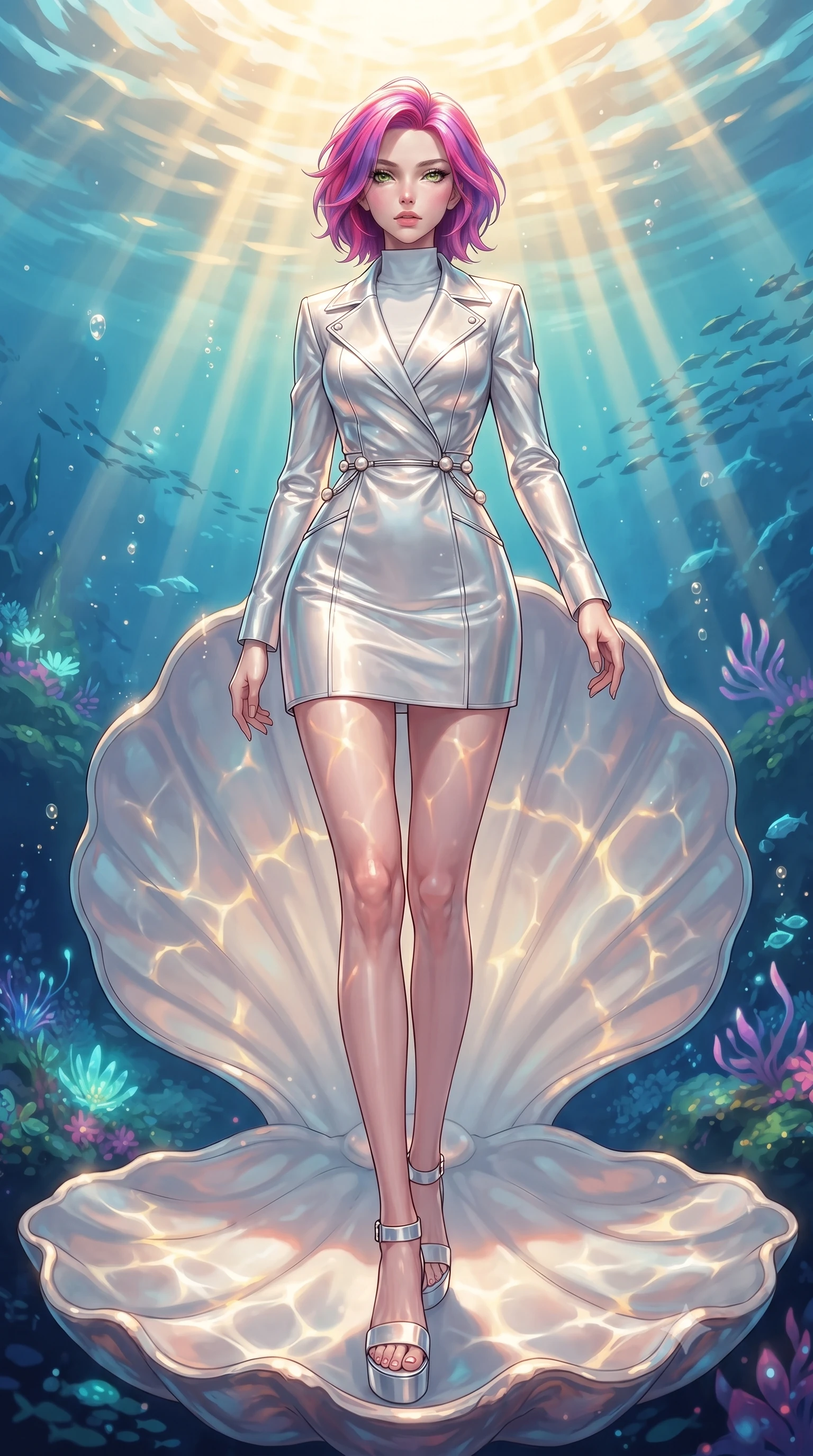 score_9, masterpiece, best quality, ultra-detailed, high-budget anime keyframe, editorial fashion photography, tasteful artistic composition, Caucasian woman. low angle full-body shot from head to toe showing her feet, filling the entire 9:16 vertical frame with her statuesque presence, stretching her vertical silhouette. stepping gracefully through the radiant environment, stretching her statuesque silhouette, poised on an abyssal pearl shell throne illuminated by golden caustic water rays, gentle water currents swaying her attire in fluid underwater motions. She has an absolutely perfect, statuesque 8.5-heads proportion, an exceptionally tall and slender model-like female figure with impossibly long slender legs and an ultra-slim waist. sharp v-shaped jawline, high-bridge nose, intricate jewel-like eyes with depth, thick eyelashes, glossy lips with a natural sheen. wearing structured pearl-white trench dress over sleek turtleneck in pearl white, made of sculpted platinum chrome, adorned with minimalist pearl hardware framing the waistline, sculpting her athletic slender build with refined precision. lit by clear sun-drenched sea light with soft ethereal shadows. highly saturated vibrant anime colors, detailed shading with soft gradients, rich glossy textures, high-contrast stereoscopic depth, volumetric dynamic lighting, master piece, 9:16 ratio