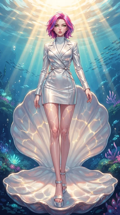 score_9, masterpiece, best quality, ultra-detailed, high-budget anime keyframe, editorial fashion photography, tasteful artistic composition, Caucasian woman. low angle full-body shot from head to toe showing her feet, filling the entire 9:16 vertica