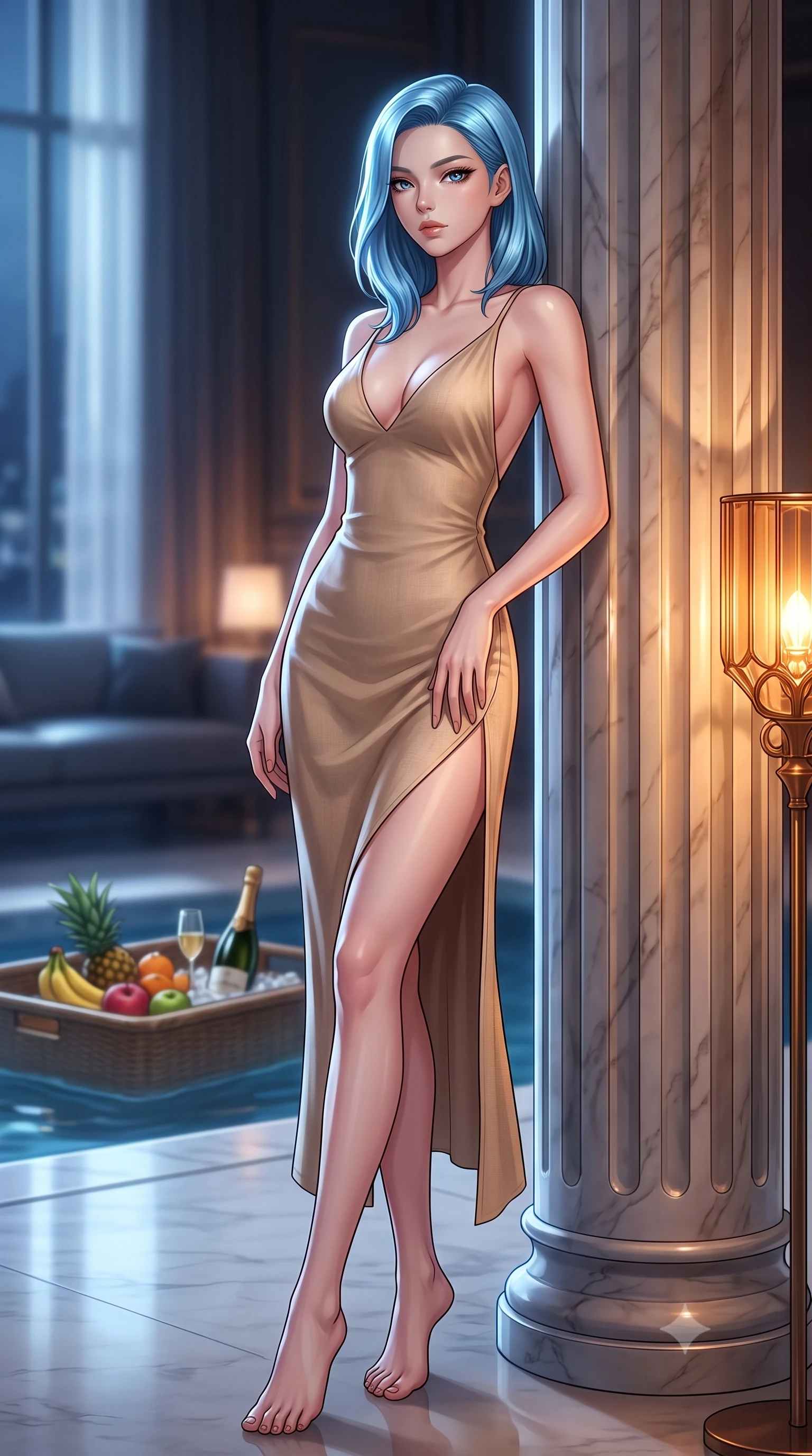 score_9, masterpiece, best quality, ultra-detailed, high-budget anime keyframe, editorial fashion photography, tasteful artistic composition, Korean woman. low angle full-body shot from head to toe showing her feet, filling the entire 9:16 vertical frame with her statuesque presence, stretching her vertical silhouette. posing with effortless allure against a polished marble pillar, her refined silhouette bathed in soft lighting set against a soft-focus background of inside an exclusive cocktail lounge with a floating pool tray of tropical fruits and chilled wine in soft focus. She has an absolutely perfect, statuesque 8.5-heads proportion, an exceptionally tall and slender model-like female figure with impossibly long slender legs and an ultra-slim waist. sharp v-shaped jawline, high-bridge nose, intricate jewel-like eyes with depth, thick eyelashes, glossy lips with a natural sheen. wearing tailored warm beige soft linen open-back silk slip dress featuring a deep V-neckline and a leg-lengthening side slit featuring refined tailored seams. illuminated by soft silver moonlight contrasting with the warm amber glow of a nearby lamp. highly saturated vibrant anime colors, detailed shading with soft gradients, rich glossy textures, high-contrast stereoscopic depth, volumetric dynamic lighting, master piece, 9:16 ratio