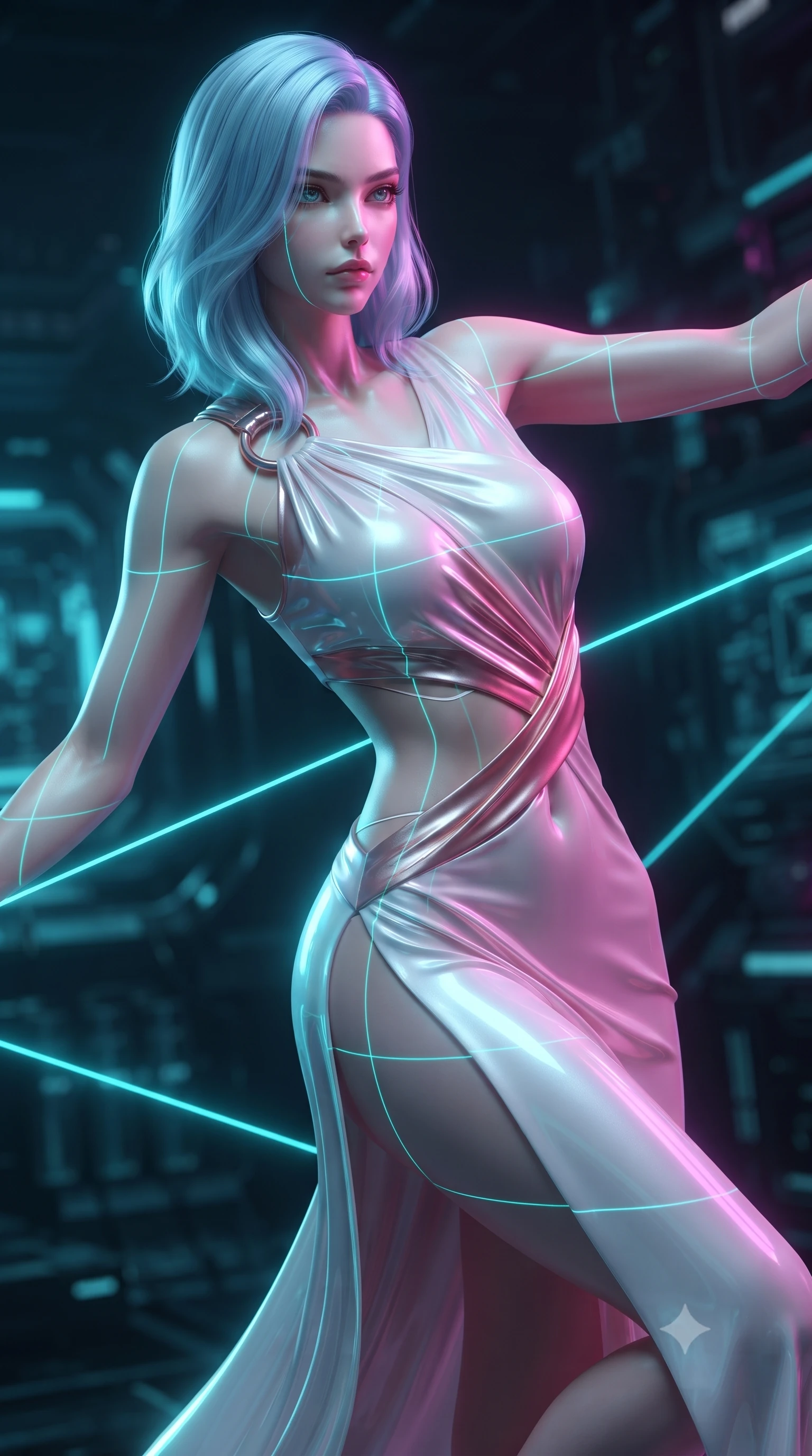 score_9, masterpiece, best quality, ultra-detailed, high-budget anime keyframe, editorial fashion photography, tasteful artistic composition, Korean woman. close-up cowboy shot from the waist and thighs up, the character dominates the composition, filling the frame with her large presence, background elements kept in soft focus. Gazing past the lens with composed intensity as her torso curves dynamically in mid-motion while balancing dynamically on a high-tension cyan laser wire in a dark cybernetic arena, laser lines casting precise geometric grid highlights on her athletic form. She has an exceptionally elegant, slender, and willowy female figure with an ultra-slim waist, a gracefully sculpted slender torso, and a refined silhouette. sharp v-shaped jawline, high-bridge nose, intricate jewel-like eyes with depth, thick eyelashes, glossy lips with a natural sheen, flawlessly proportioned anatomical accuracy, natural body alignment, perfectly sculpted elegant limbs, clean dynamic posture without body distortion. wearing an asymmetrical Grecian draped chiffon gown with a metallic shoulder ring in pearl white and rose gold, tailored from high-gloss patent leather, featuring subtle geometric cutouts that highlight her ultra-slim midriff, the tailored fabric tightly following every curve of her athletic build. bathed in brilliant neon cyan and magenta rim light with clean white key light. ultra-reflective glossy finish, specular highlights, metallic sheen, high-contrast stereoscopic depth, volumetric dynamic lighting, 2k, ultra detail, master piece, 9:16 ratio
