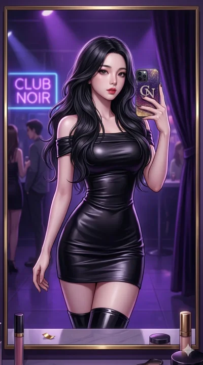 score_9, score_8_up, score_7_up, source_anime, masterpiece, best quality, ultra-detailed, same character with long flowing black hair, wearing a black bodycon mini dress, upper body close-up from thigh up filling the screen, taking a selfie in a mirr