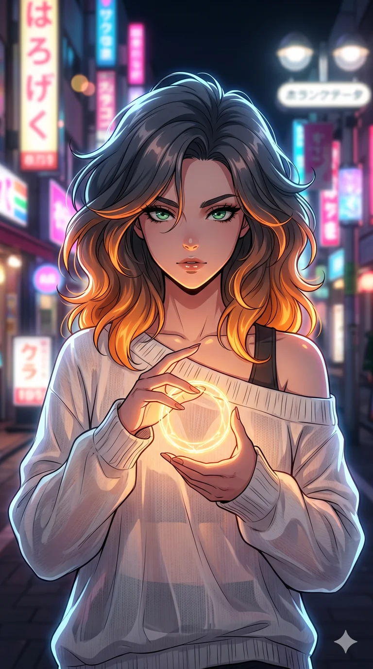 score_9, masterpiece, best quality, ultra-detailed, high-budget anime keyframe, vibrant colors and expressive line art, an incredibly beautiful Caucasian woman (strictly human ears). Medium shot of upper body focusing on her alluring and cute features and her volcanic hair with charcoal grey base and glowing amber-orange tips, filling the vertical 9:16 frame. She is creating a small magic circle with her fingertips. She has a sharp v-shaped jawline, high-bridge nose, intricate jewel-like eyes, thick eyelashes, and glossy lips. She possesses an absolutely perfect 8-heads proportion and a slim-fit silhouette. She is wearing a sheer fabric oversized sweater that falls off one shoulder, revealing a slim strap, highlighting her alluring silhouette. a neon-lit Harajuku street at night with vibrant bokeh lights, dramatic rim lighting, cinematic shadows, 2k, ultra detail, master piece, 9:16 ratio