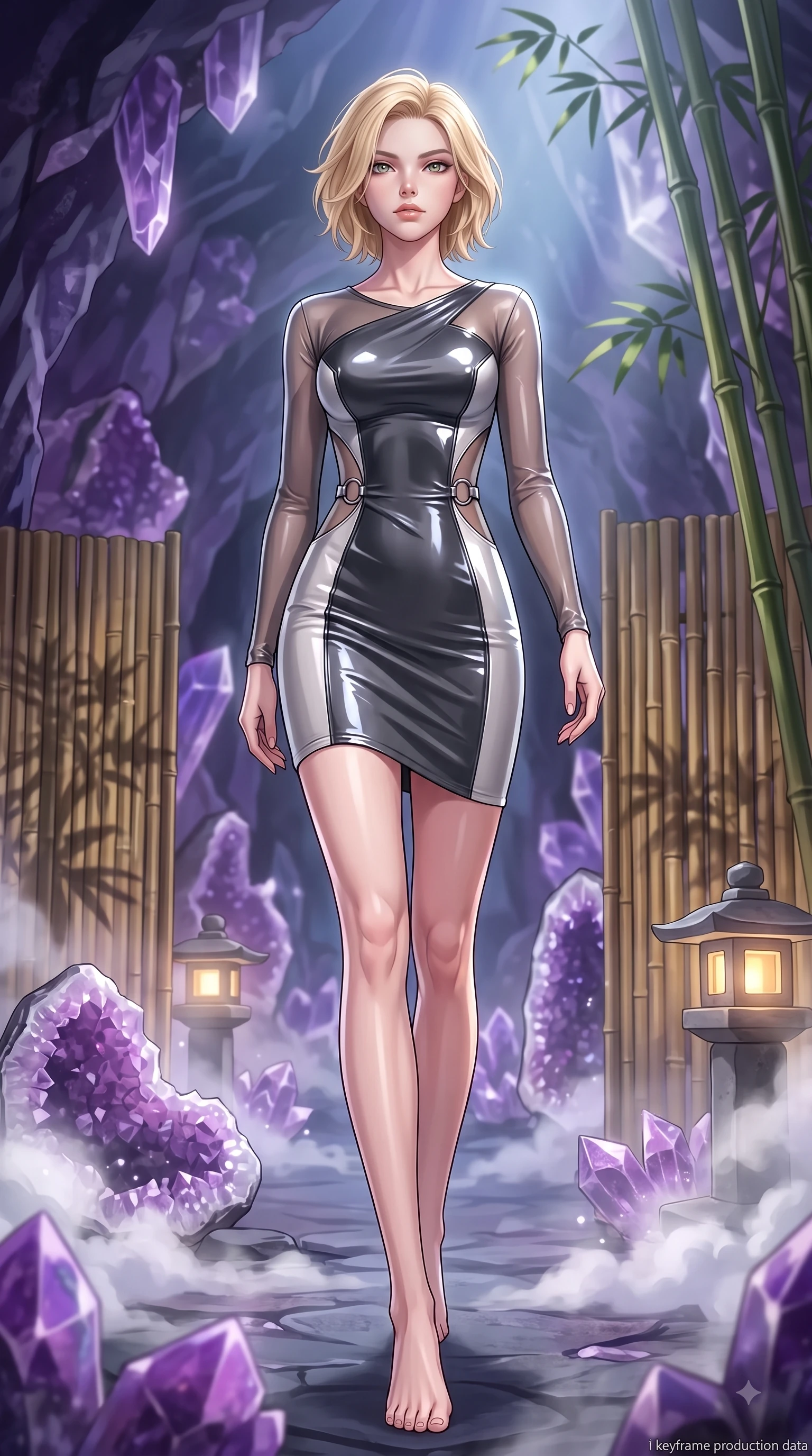 score_9, masterpiece, best quality, ultra-detailed, high-budget anime keyframe, editorial fashion photography, tasteful artistic composition, Caucasian woman. low angle full-body shot from head to toe showing her feet, filling the entire 9:16 vertical frame with her statuesque presence, stretching her vertical silhouette. stepping forward in a proud dynamic stride with an alluring waist tilt, her vertical silhouette filling the frame while pivoting dynamically in a subterranean crystal cave as steam clouds scatter soft purple geode light, bamboo partitions and stone lanterns casting peaceful organic stencil shadows. She has an absolutely perfect, statuesque 8.5-heads proportion, an exceptionally tall and slender model-like female figure with impossibly long slender legs and an ultra-slim waist. sharp v-shaped jawline, high-bridge nose, intricate jewel-like eyes with depth, thick eyelashes, glossy lips with a natural sheen, flawlessly proportioned anatomical accuracy, natural body alignment, perfectly sculpted elegant limbs, clean dynamic posture without body distortion. wearing a sleek bodycon knit dress with strategic sheer organza sleeve panels in charcoal grey and platinum, tailored from high-gloss patent leather, accented with delicate chrome ring hardware framing her waist, the elegant draped fit framing her graceful clavicle and slender torso. surrounded by a tranquil, spa-like aura with bright specular rim lights. highly saturated vibrant anime colors, detailed shading with soft gradients, rich glossy textures, high-contrast stereoscopic depth, volumetric dynamic lighting, master piece, 9:16 ratio