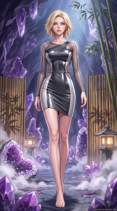 score_9, masterpiece, best quality, ultra-detailed, high-budget anime keyframe, editorial fashion photography, tasteful artistic composition, Caucasian woman. low angle full-body shot from head to toe showing her feet, filling the entire 9:16 vertica
