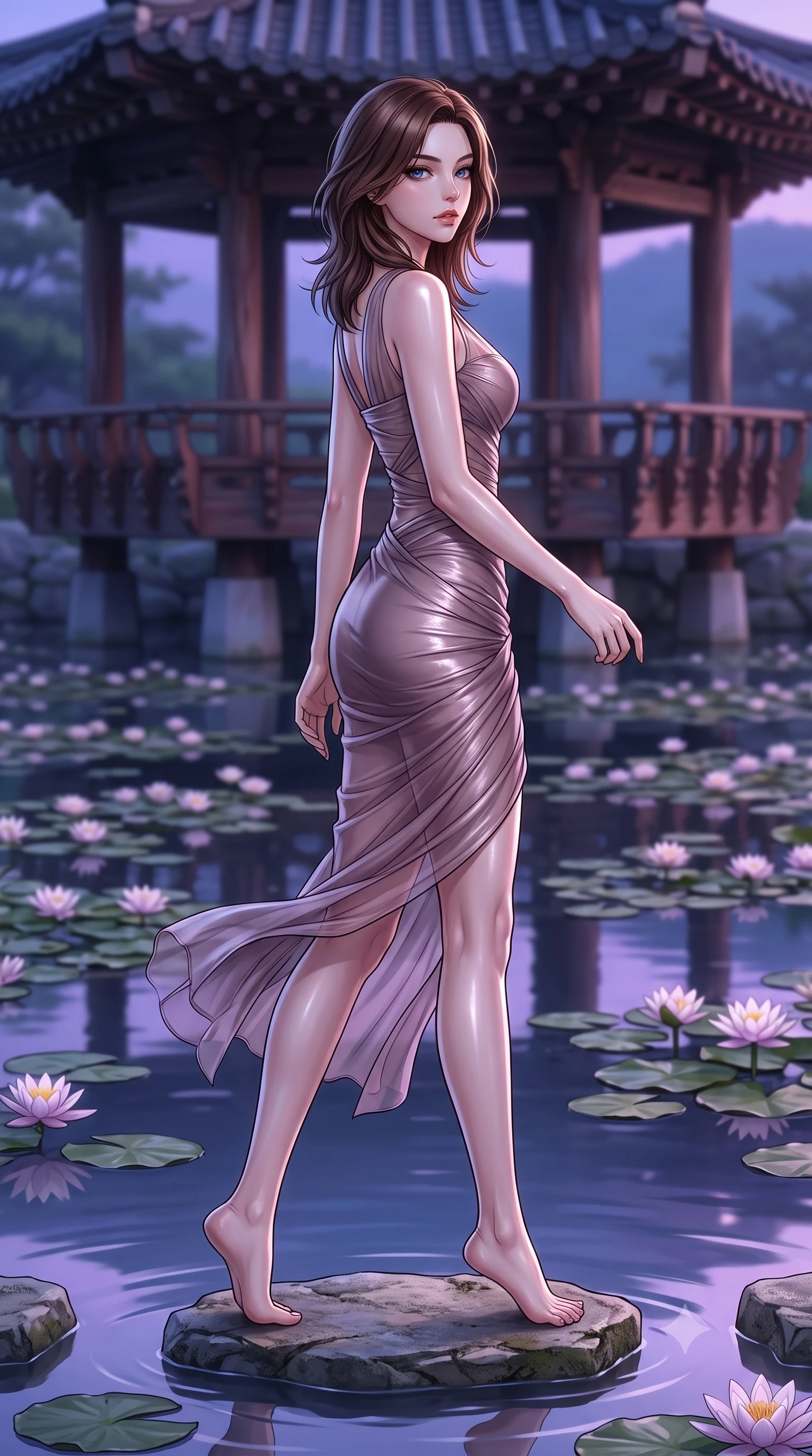 score_9, masterpiece, best quality, ultra-detailed, high-budget anime keyframe, editorial fashion photography, tasteful artistic composition, Korean woman. low angle full-body shot from head to toe showing her feet, filling the entire 9:16 vertical frame with her statuesque presence, stretching her vertical silhouette. stepping gracefully while looking back over her shoulder, her dress draped tightly to reveal her silhouette the background shows a soft-focus an old wooden pavilion overlooking a calm pond filled with blooming water lilies. She has an absolutely perfect, statuesque 8.5-heads proportion, an exceptionally tall and slender model-like female figure with impossibly long slender legs and an ultra-slim waist. sharp v-shaped jawline, high-bridge nose, intricate jewel-like eyes with depth, thick eyelashes, glossy lips with a natural sheen. wearing a slim-fit sheer organza dress in dusty mauve, showing her slender torso and willowy silhouette. the serene purple and blue hues of twilight reflecting on the still water. ultra-reflective glossy finish, specular highlights, metallic sheen, high-contrast stereoscopic depth, volumetric dynamic lighting, 2k, ultra detail, master piece, 9:16 ratio