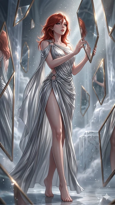 score_9, masterpiece, best quality, ultra-detailed, high-budget anime keyframe, Korean woman. low angle full-body shot filling the entire 9:16 frame with her statuesque presence, stretching the vertical silhouette. wandering through a mirage cloud ca