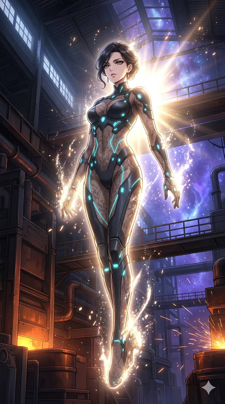 score_9, masterpiece, best quality, ultra-detailed, High-budget Anime Keyframe, vibrant colors, fluid line-art, expressive lighting, cinematic composition, Ufotable-style visual effects, top-tier animation quality, Japanese woman with delicate and elegant anime-inspired features. Dramatic low angle looking up at her majestic stature, dominating the vertical space of the composition. Transcending her physical form in a sudden flash of divine light, her silhouette becoming a being of pure energy. She has an absolutely perfect 8-heads proportion, an exceptionally tall and slender female figure with impossibly long slender legs and an ultra-slim waist, her statuesque height and towering silhouette dominating the vertical 9:16 frame. Her face is a masterpiece featuring a sharp v-shaped jawline, high-bridge nose, intricate jewel-like eyes with depth, thick eyelashes, and glossy lips with a natural sheen. She is wearing a Sheer lace catsuit with strategically placed armor plating and glowing energy nodes crafted from Carbon-fiber weave with a high-tech matte finish and integrated glowing filaments, with sheer fabric transparency over her delicate curves and a high-cut silhouette. The scene is set in a gritty industrial factory with glowing molten metal, flying sparks, and deep shadows, illuminated by flickering starlight and nebula glow providing a mystical and vast ambiance. 2k, ultra detail, master piece, 9:16 ratio