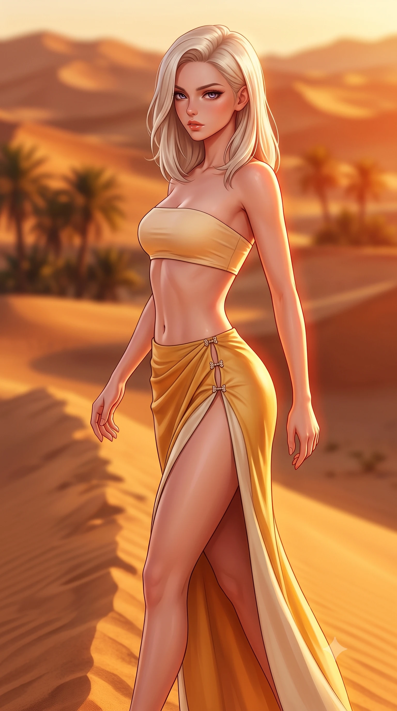 score_9, masterpiece, best quality, ultra-detailed, high-budget anime keyframe, semi-realistic 3D game render, editorial fashion photography, tasteful artistic composition, Caucasian woman. close-up cowboy shot from the waist and thighs up, the character dominates the composition, filling the frame with her large presence. twisting her slender torso in a deep contrapposto stance, hips dramatically shifted to accentuate her feminine curves while looking past her shoulder with smoldering bedroom-eyes while striding along the ridge of the desert sands, hips swaying in an alluring kinetic rhythm as the crimson sun sinks beneath the horizon. The composition keeps background elements in soft focus with creamy bokeh. shifting golden sand dunes and distant oasis palm silhouettes blurred into molten amber, terracotta, and honey-gold bokeh. She has an exceptionally elegant, slender, and willowy female figure with an ultra-slim waist, a gracefully sculpted slender torso, toned flat midriff, and rounded feminine hips creating an alluring hourglass silhouette. sharp v-shaped jawline, high-bridge nose, intricate jewel-like eyes with depth, thick eyelashes, glossy parted lips with a natural sheen, intensely captivating and seductive bedroom-eyes expression, flawlessly proportioned anatomical accuracy, strict slender model proportions, natural body alignment, perfectly sculpted long slender limbs, ultra-slim waistline, clean dynamic posture without body distortion. wearing a minimalist sun-drenched tube top paired with a draped high-waisted silk maxi skirt with a daring thigh slit in warm honey yellow and natural linen cream, crafted from second-skin supple lambskin leather with liquid drape, finished with an ultra-high side slit secured by miniature jeweled clasps, the precision-cut side openings and low-back scoop framing her graceful spine and the sensual sweep of her hips. bathed in blazing crimson sunset backlighting and warm amber sand bounce lights. highly saturated vibrant anime colors, detailed shading with soft gradients, rich glossy textures, high-contrast stereoscopic depth, volumetric dynamic lighting, master piece, 9:16 ratio