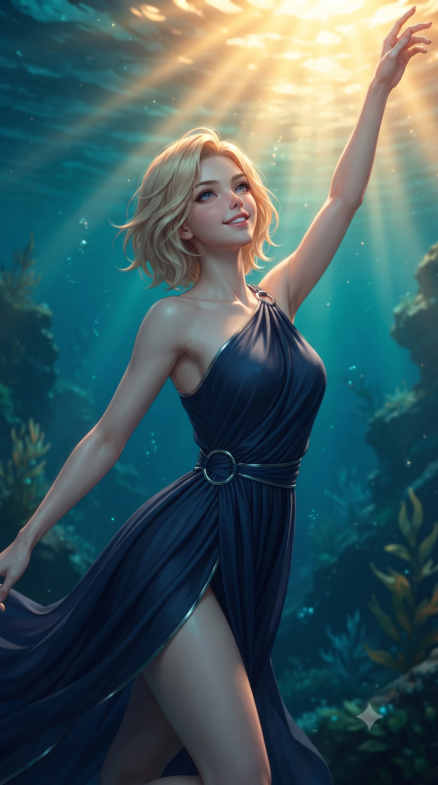 score_9, masterpiece, best quality, ultra-detailed, high-budget anime keyframe, editorial fashion photography, tasteful artistic composition, Caucasian woman. close-up cowboy shot from the waist and thighs up, the character dominates the composition, filling the frame with her large presence, background elements kept in soft focus. Extending one arm in an elegant stretch toward the light while smiling with magnetic self-assurance while swimming gracefully upward toward sunbeams penetrating a deep turquoise ocean rift, intense golden underwater sunbeams Penetrating deep turquoise water in caustic ripples. She has an exceptionally elegant, slender, and willowy female figure with an ultra-slim waist, a gracefully sculpted slender torso, and a refined silhouette. sharp v-shaped jawline, high-bridge nose, intricate jewel-like eyes with depth, thick eyelashes, glossy lips with a natural sheen, flawlessly proportioned anatomical accuracy, natural body alignment, perfectly sculpted elegant limbs, clean dynamic posture without body distortion. wearing an asymmetrical Grecian draped chiffon gown with a metallic shoulder ring in midnight navy blue and chrome trim, crafted from smooth liquid silk, accented with delicate chrome ring hardware framing her waist, the elegant draped fit framing her graceful clavicle and slender torso. illuminated by deep sea bioluminescence and warm golden top lighting. ultra-reflective glossy finish, specular highlights, metallic sheen, high-contrast stereoscopic depth, volumetric dynamic lighting, 2k, ultra detail, master piece, 9:16 ratio