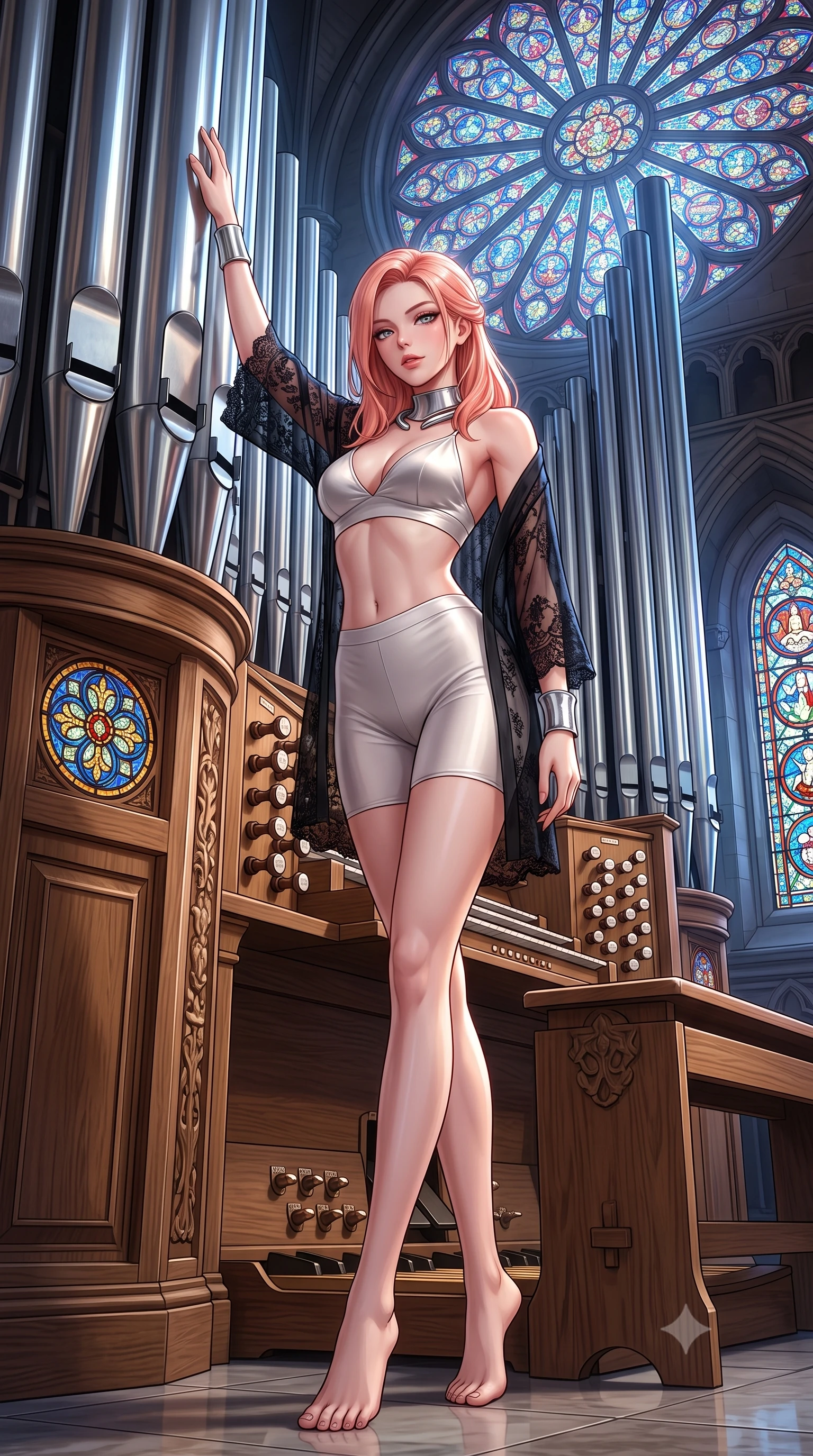 score_9, masterpiece, best quality, ultra-detailed, high-budget anime keyframe, semi-realistic 3D game render, editorial fashion photography, tasteful artistic composition, Japanese woman. low angle full-body shot from head to toe showing her feet, filling the entire 9:16 vertical frame with her statuesque presence, stretching her vertical silhouette. standing tall beside the architectural column, one hand resting high while arching her lower back to emphasize her sculpted feminine hips and slender waist while standing poised on the organ gallery loft before the massive polished tin pipes, arching her back with dramatic gothic opera glamour. The surrounding environment is rendered in vivid detail and crisp panoramic clarity: sharp polished tin pipe reflections, carved oak organ stop knobs, and leaded stained-glass medallion clarity in deep focus. She has an absolutely perfect, statuesque 8.5-heads proportion, an exceptionally tall and slender model-like female figure with impossibly long slender legs, an ultra-slim waist, a flat toned midriff, narrow delicate ribcage, and beautifully sculpted feminine hips creating a graceful, slim hourglass silhouette without any bulky heaviness. sharp v-shaped jawline, high-bridge nose, sparkling eyes with hypnotic seductive depth, thick curled eyelashes, glossy parted lips with a natural dewy peach sheen, alluring bedroom-eyes with an enchanting coquettish smile, exuding magnetic siren charisma and sophisticated glamour, flawlessly proportioned anatomical accuracy, strict slender model proportions, natural body alignment, perfectly sculpted long slender limbs, ultra-slim waistline, clean dynamic posture without body distortion. wearing a delicate semi-sheer black Chantilly lace boudoir robe worn loose and slipping off bare shoulders over a matching satin bralette in pure pearl alabaster with liquid platinum sheen, crafted from smooth liquid-tight stretch jersey emphasizing every curve of her body, finished with a sculptural silver torque collar and a matching wide architectural wrist cuff, the second-skin tailored fabric adhering flawlessly to her sculpted flat midriff and slender torso, emphasizing her long leg lines and perfectly proportioned willowy build. bathed in ethereal jewel-toned moonlight filtering through the colossal stained-glass rose window. highly saturated vibrant anime colors, detailed shading with soft gradients, rich glossy textures, high-contrast stereoscopic depth, volumetric dynamic lighting, master piece, 9:16 ratio