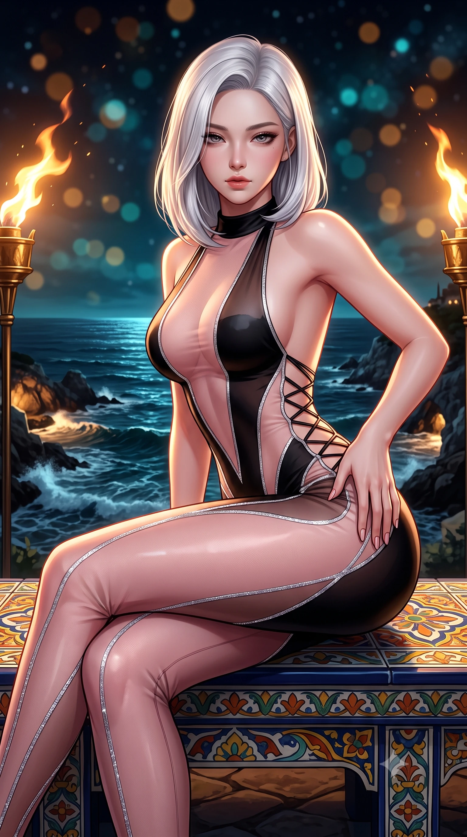 score_9, masterpiece, best quality, ultra-detailed, high-budget anime keyframe, semi-realistic 3D game render, editorial fashion photography, tasteful artistic composition, Korean woman. close-up cowboy shot from the waist and thighs up, the character dominates the composition, filling the frame with her large presence. leaning forward while arching her lower back to accentuate her curvy hips, looking into the camera with an intoxicating smoldering gaze and bedroom-eyes while sitting perched on the colorful ceramic bench with legs crossed, running one manicured hand slowly down her hip with magnetic charm. The background shows a soft-focus flickering flame ribbons from brass torches, dark waves rolling into illuminated rocky inlets, and starry sky blurred into amber, turquoise, and obsidian bokeh. She has an exceptionally elegant, slender, and willowy female figure with an ultra-slim waist, flat toned midriff, narrow ribcage, and sculpted feminine hips creating an alluring, slim hourglass silhouette without bulk. sharp v-shaped jawline, high-bridge nose, intricate jewel-like sparkling eyes with depth, thick eyelashes, glossy parted lips with a natural peach sheen, bright cheerful beaming smile with an enchanting and coquettish sensual glint, exuding both youthful cute charm and seductive allure, flawlessly proportioned anatomical accuracy, strict slender model proportions, natural body alignment, perfectly sculpted long slender limbs, ultra-slim waistline, clean dynamic posture without body distortion. wearing a backless sheer illusion mesh catsuit with strategic crystalline silver flocking tracing her long slender leg lines in Kyoto moonlit sakura blush and polished urushi black, woven from fine semi-opaque stretch illusion mesh tracing her slender contours, featuring fine criss-cross lace-up side ties revealing tantalizing glimpses of her hip curve, the liquid-tight tailored fabric clinging flawlessly to her narrow waist and rounded feminine hips, emphasizing every millimeter of her sculpted slim hourglass curves without any bulky heaviness. bathed in the dramatic warm 2100K flame glow of dancing oil torches mixed with cool Mediterranean sea moonlight. highly saturated vibrant anime colors, detailed shading with soft gradients, rich glossy textures, high-contrast stereoscopic depth, volumetric dynamic lighting, master piece, 9:16 ratio