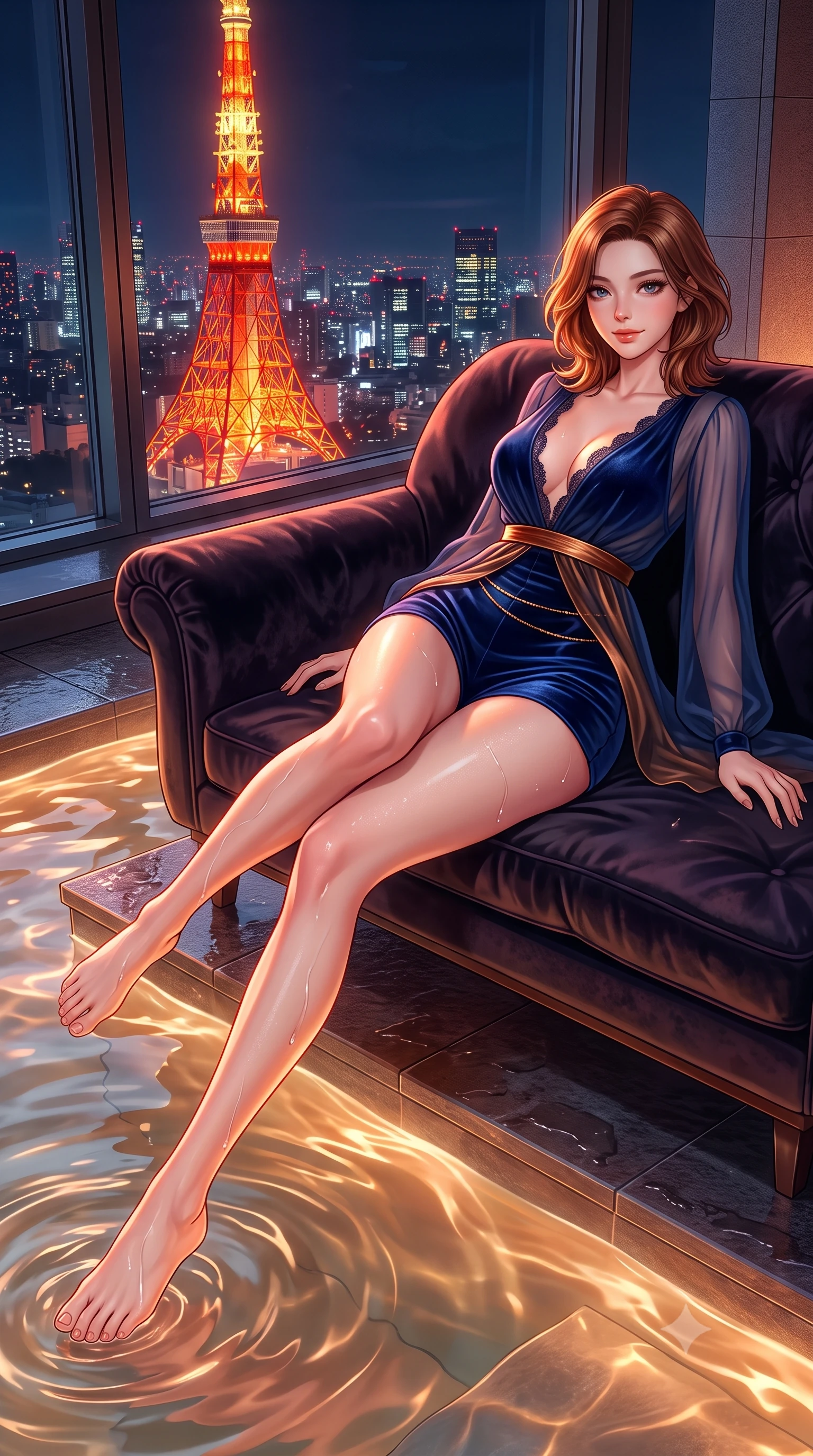 score_9, masterpiece, best quality, ultra-detailed, high-budget anime keyframe, semi-realistic 3D game render, editorial fashion photography, tasteful artistic composition, Korean woman. low angle full-body shot from head to toe showing her feet, filling the entire 9:16 vertical frame with her statuesque presence, stretching her vertical silhouette. reclining gracefully across the plush chaise lounge with one leg extended, her sculpted silhouette and flat midriff radiating magnetic nocturnal glamour while twisting her slender torso in an alluring S-curve, warm hot spring water ripples and red-orange tower lights tracing her narrow waist and curvy hips. The surrounding environment is rendered in vivid detail and crisp panoramic clarity: detailed wet-look high-cut monokini cling, delicate gold waist chain shine, and Tokyo skyscraper engineering in razor-sharp precision. She has an absolutely perfect, statuesque 8.5-heads proportion, an exceptionally tall and slender model-like female figure with impossibly long slender legs, an ultra-slim waist, a flat toned midriff, narrow delicate ribcage, and beautifully sculpted feminine hips creating a graceful, slim hourglass silhouette without any bulky heaviness. sharp v-shaped jawline, high-bridge nose, sparkling eyes with hypnotic seductive depth, thick curled eyelashes, glossy parted lips with a natural dewy peach sheen, alluring bedroom-eyes with an enchanting coquettish smile, exuding magnetic siren charisma and sophisticated glamour, flawlessly proportioned anatomical accuracy, strict slender model proportions, natural body alignment, perfectly sculpted long slender limbs, ultra-slim waistline, clean dynamic posture without body distortion. wearing a plunge-neck stretch velvet romper with scalloped eyelash-lace hems and a cinched waist ribbon in molten liquid bronze and deep sapphire navy, made of sheer gossamer chiffon that drapes softly against skin with airy translucence, finished with scalloped eyelash lace trim framing her sweetheart neckline with intimate elegance, the glove-like clinging cut tightly following the natural contour of her hips and long slender legs with youthful 8.5-heads elegance. bathed in the warm underwater thermal pool glow paired with vivid red-orange neon spill from the illuminated Tokyo Tower. highly saturated vibrant anime colors, detailed shading with soft gradients, rich glossy textures, high-contrast stereoscopic depth, volumetric dynamic lighting, master piece, 9:16 ratio