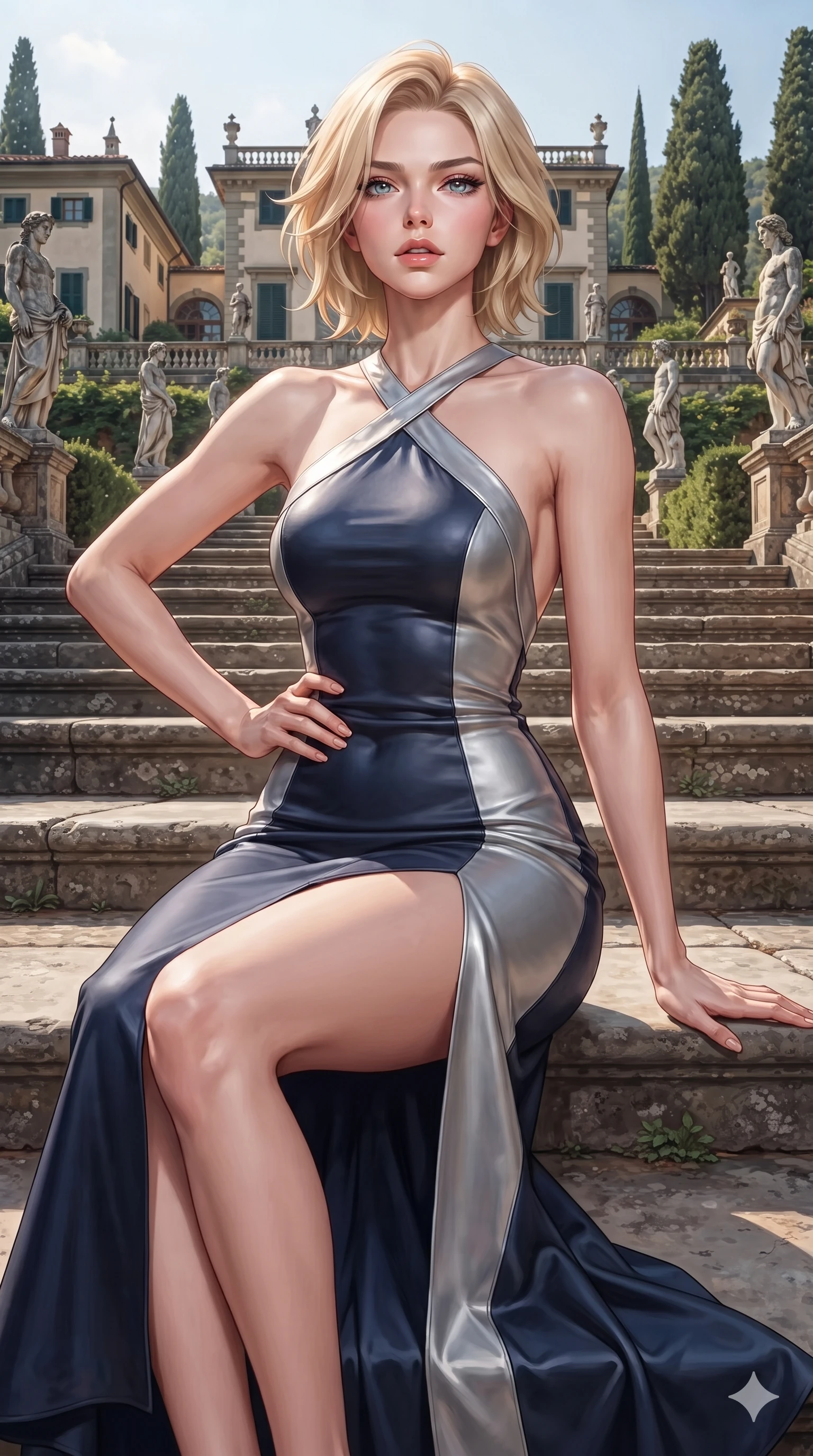 score_9, masterpiece, best quality, ultra-detailed, high-budget anime keyframe, editorial fashion photography, tasteful artistic composition, Caucasian woman. close-up cowboy shot from the waist and thighs up, the character dominates the composition, filling the frame with her large presence. tilting her chin up with proud, sovereign allure while gazing through thick eyelashes, one hand resting on her waist in pure supermodel charisma while sitting poised on the wide stone garden steps with one knee bent, her long slender legs and statuesque hourglass silhouette commanding the historic estate. The surrounding environment is rendered in vivid detail and crisp panoramic clarity: detailed gown tailoring, second-skin fit, and timeless Italian villa craftsmanship in razor-sharp precision. She has an exceptionally elegant, slender, and willowy female figure with an ultra-slim waist, flat toned midriff, narrow ribcage, and sculpted feminine hips creating an alluring, slim hourglass silhouette without bulk. sharp v-shaped jawline, high-bridge nose, intricate jewel-like eyes with depth, thick eyelashes, glossy parted lips with a natural sheen, intensely captivating and seductive bedroom-eyes expression, flawlessly proportioned anatomical accuracy, strict slender model proportions, natural body alignment, perfectly sculpted long slender limbs, ultra-slim waistline, clean dynamic posture without body distortion. wearing a tailored silk halter dress with an open back and graceful side slit flowing to the floor in midnight sapphire and polished liquid silver, woven from buttery-soft stretch lambskin leather adhering to her body like a second skin, finished with criss-cross back satin straps highlighting her graceful shoulder blades, the second-skin form-contouring cut accentuating her sculpted flat midriff, narrow delicate ribcage, and gracefully curvy hips with supermodel precision. illuminated by stone terrace bounce and sharp amber rim lights defining her razor-sharp jawline, narrow waist, and curvy hips. ultra-reflective glossy finish, specular highlights, rich textural contrasts, high-contrast stereoscopic depth, volumetric dynamic lighting, 2k, ultra detail, master piece, 9:16 ratio