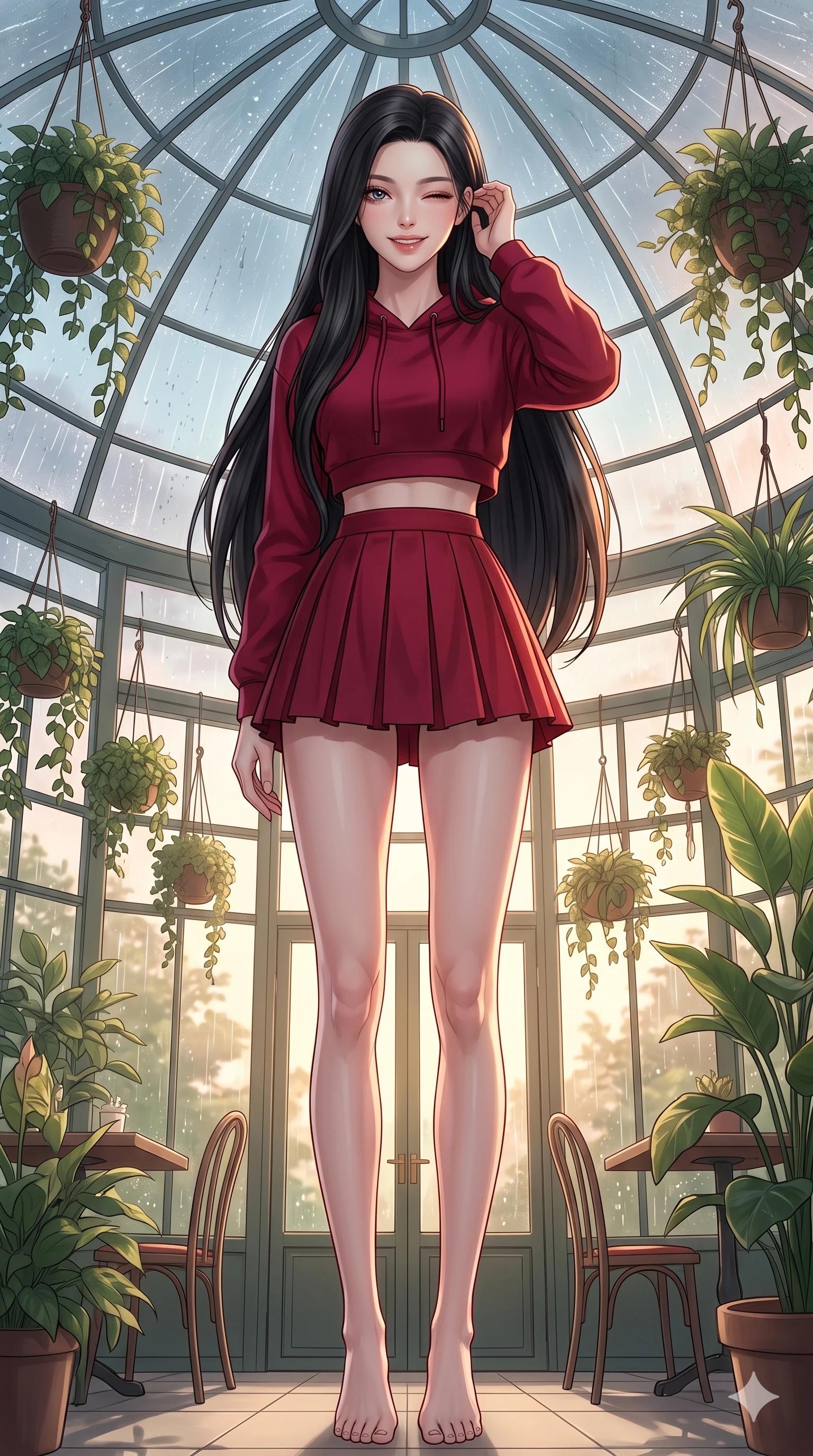score_9, masterpiece, best quality, ultra-detailed, high-budget anime keyframe, vibrant anime aesthetic, Korean woman. low angle full-body shot from head to toe showing her feet, filling the entire 9:16 vertical frame with her statuesque presence, stretching her vertical silhouette. She is smiling delightfully while tucking a lock of hair behind her ear, gazing at the camera with sparkling eyes under the glass conservatory dome. inside a spacious greenhouse cafe filled with hanging plants, where rain drums softly on the glass roof panels (Code-P22-046). She has an absolutely perfect 8-heads proportion, an exceptionally tall and slender female figure with impossibly long slender legs and an ultra-slim waist. V-shaped jawline, high-bridge nose, intricate jewel-like eyes with depth, thick eyelashes, glossy lips with a natural sheen. wearing a cropped hoodie paired with a high-waisted pleated tennis skirt in deep crimson. She is bathed in soft, glowing golden hour sun casting long, elegant shadows, highlighting her winking face and glossy lips in the cozy indoor garden. 2k, ultra detail, master piece, 9:16 ratio