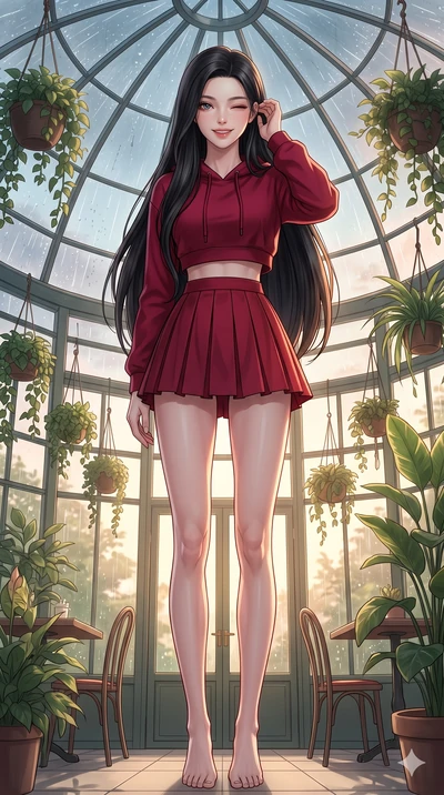 score_9, masterpiece, best quality, ultra-detailed, high-budget anime keyframe, vibrant anime aesthetic, Korean woman. low angle full-body shot from head to toe showing her feet, filling the entire 9:16 vertical frame with her statuesque presence, st