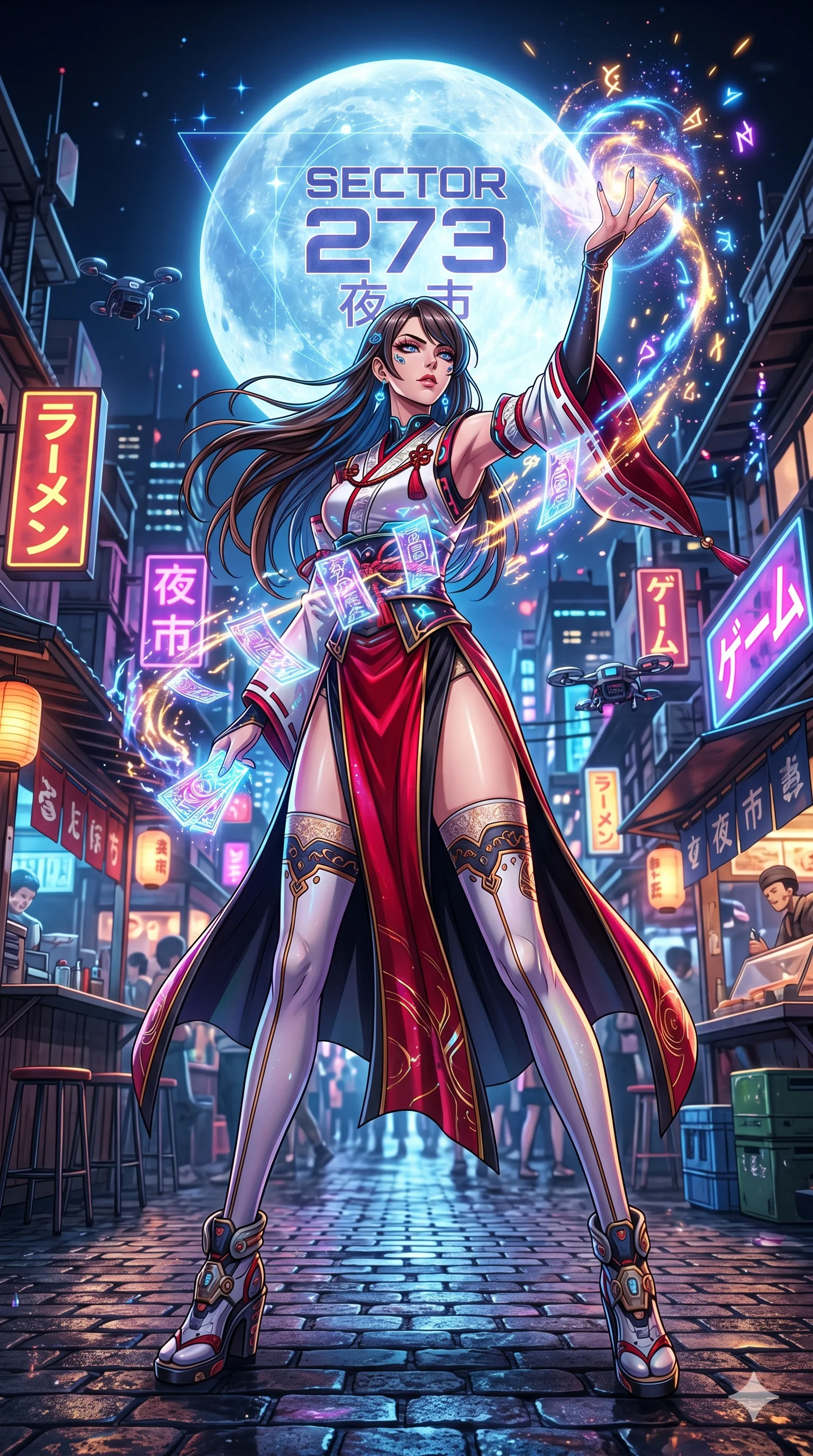 score_9, masterpiece, best quality, ultra-detailed, Set A: High-budget Anime Keyframe, Caucasian (strictly human ears) woman. Low angle cowboy shot filling the entire 9:16 frame with her statuesque presence. Casting a spell through a futuristic night market, with a massive holographic moon rising behind her marked as sector 273 and surrounded by glowing energy sparks. She has an absolutely perfect 8-heads proportion, an exceptionally tall and slender female figure with impossibly long slender legs and an ultra-slim waist. Sharp v-shaped jawline, high-bridge nose, intricate jewel-like eyes with depth, thick eyelashes, glossy lips with a natural sheen. Wearing Cyber-miko outfit with holographic paper charms and a high-slit red silk skirt. Cinematic lighting, vibrant colors, dramatic shadows, 2k, ultra detail, master piece, 9:16 ratio