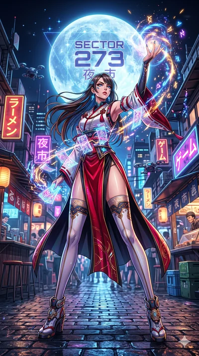 score_9, masterpiece, best quality, ultra-detailed, Set A: High-budget Anime Keyframe, Caucasian (strictly human ears) woman. Low angle cowboy shot filling the entire 9:16 frame with her statuesque presence. Casting a spell through a futuristic night