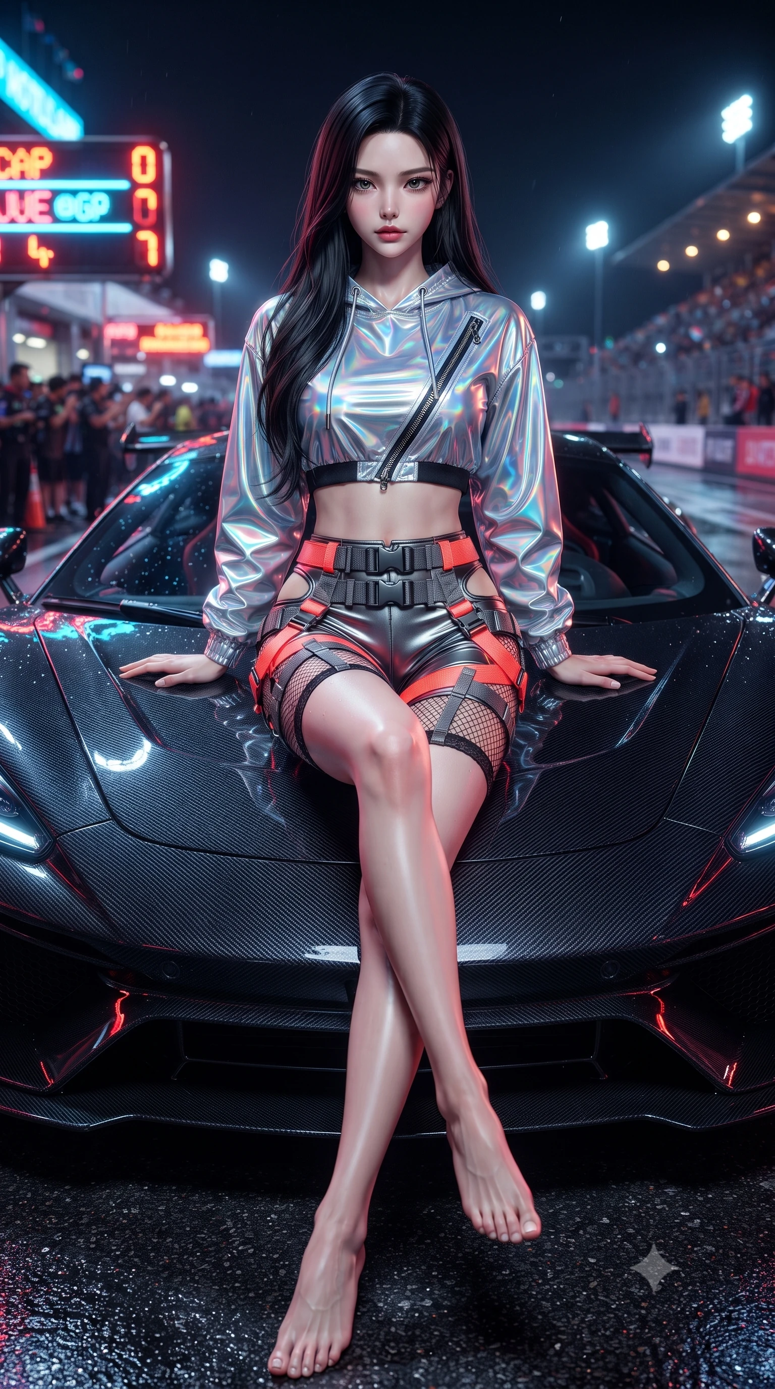 score_9, masterpiece, best quality, ultra-detailed, high-budget anime keyframe, editorial fashion photography, tasteful artistic composition, Korean woman. low angle full-body shot from head to toe showing her feet, filling the entire 9:16 vertical frame with her statuesque presence, stretching her vertical silhouette. sitting poised on the elevated edge with legs crossed and extended, her tall 8.5-heads proportions dominating the scene with effortless poise while sitting poised on the glossy carbon-fiber hood of a midnight hypercar, one leg extended and torso angled back with seductive confidence. The composition keeps background elements in soft focus with creamy bokeh. flashing neon pitlane status boards and distant crowd stadium lights blurred into blazing crimson, electric cyan, and amber bokeh. She has an absolutely perfect, statuesque 8.5-heads proportion, an exceptionally tall and slender model-like female figure with impossibly long slender legs, a toned flat midriff, and an ultra-slim waist. sharp v-shaped jawline, high-bridge nose, intricate jewel-like eyes with depth, thick eyelashes, glossy parted lips with a natural sheen, intensely captivating and seductive expression, flawlessly proportioned anatomical accuracy, strict slender model proportions, natural body alignment, perfectly sculpted long slender limbs, ultra-slim waistline, clean dynamic posture without body distortion. wearing a holographic silver crop hoodie paired with high-waisted racing shorts and fishnet accents in metallic gunmetal and blazing neon coral, crafted from flexible reflective spandex and heavy tactical webbing, accented with diagonal metal zippers running across the side-waist cutouts, the sleek tactical cut tightly hugging her graceful clavicle, narrow waist, and athletic curves with statuesque precision. illuminated by wet specular asphalt bounce lights sculpting her toned midriff, slender waist, and long legs. ultra-reflective glossy finish, specular highlights, rich textural contrasts, high-contrast stereoscopic depth, volumetric dynamic lighting, 2k, ultra detail, master piece, 9:16 ratio