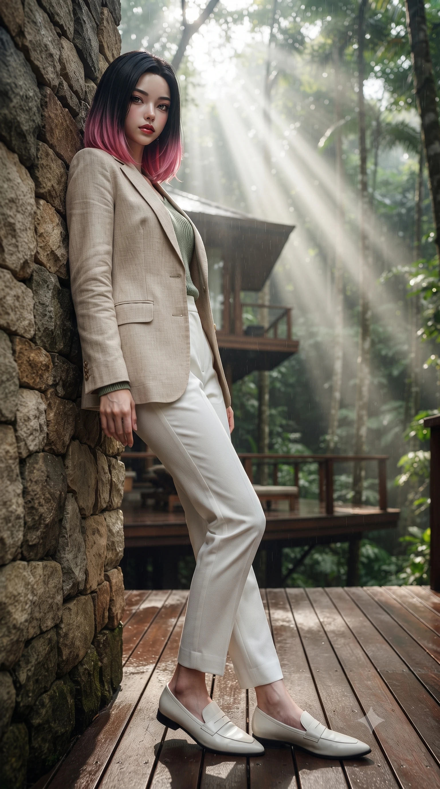 score_9, masterpiece, best quality, ultra-detailed, high-budget anime keyframe, editorial fashion photography, tasteful artistic composition, Korean woman woman. low angle full-body shot from head to toe showing her feet, filling the entire 9:16 vertical frame with her statuesque presence, stretching her vertical silhouette. leaning back against a rustic stone wall, casting a slow, alluring gaze at the camera the background shows a soft-focus a wooden deck of a modern villa suspended high in the canopy of a tropical forest. She has an absolutely perfect, statuesque 8.5-heads proportion, an exceptionally tall and slender model-like female figure with impossibly long slender legs and an ultra-slim waist. sharp v-shaped jawline, high-bridge nose, intricate jewel-like eyes with depth, thick eyelashes, glossy lips with a natural sheen. wearing a tailored tailored beige linen blazer over a sage green knit top and white trousers. sunbeams slicing through the damp forest air, creating volumetric light rays. ultra-reflective glossy finish, specular highlights, metallic sheen, high-contrast stereoscopic depth, volumetric dynamic lighting, 2k, ultra detail, master piece, 9:16 ratio